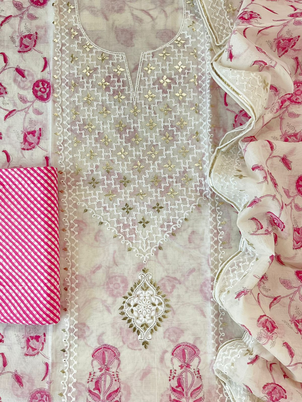 Pure Chanderi Printed Embroidered Suit - Offwhite