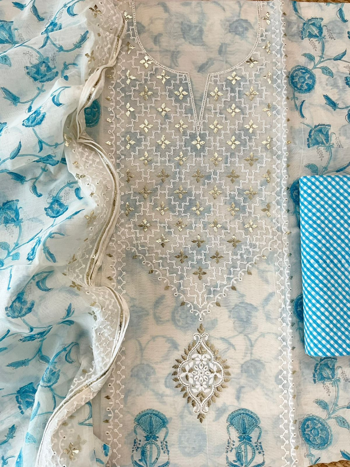 Pure Chanderi Printed Embroidered Suit - Offwhite