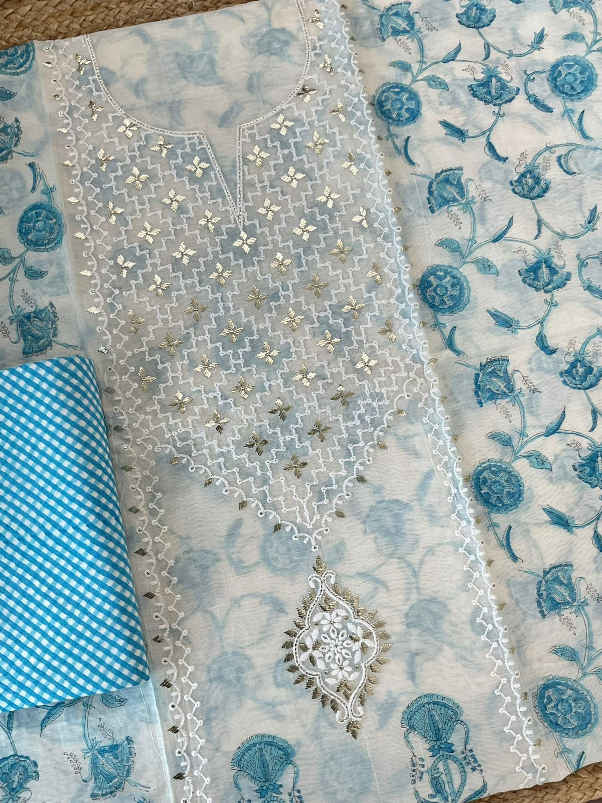 Pure Chanderi Printed Embroidered Suit - Offwhite