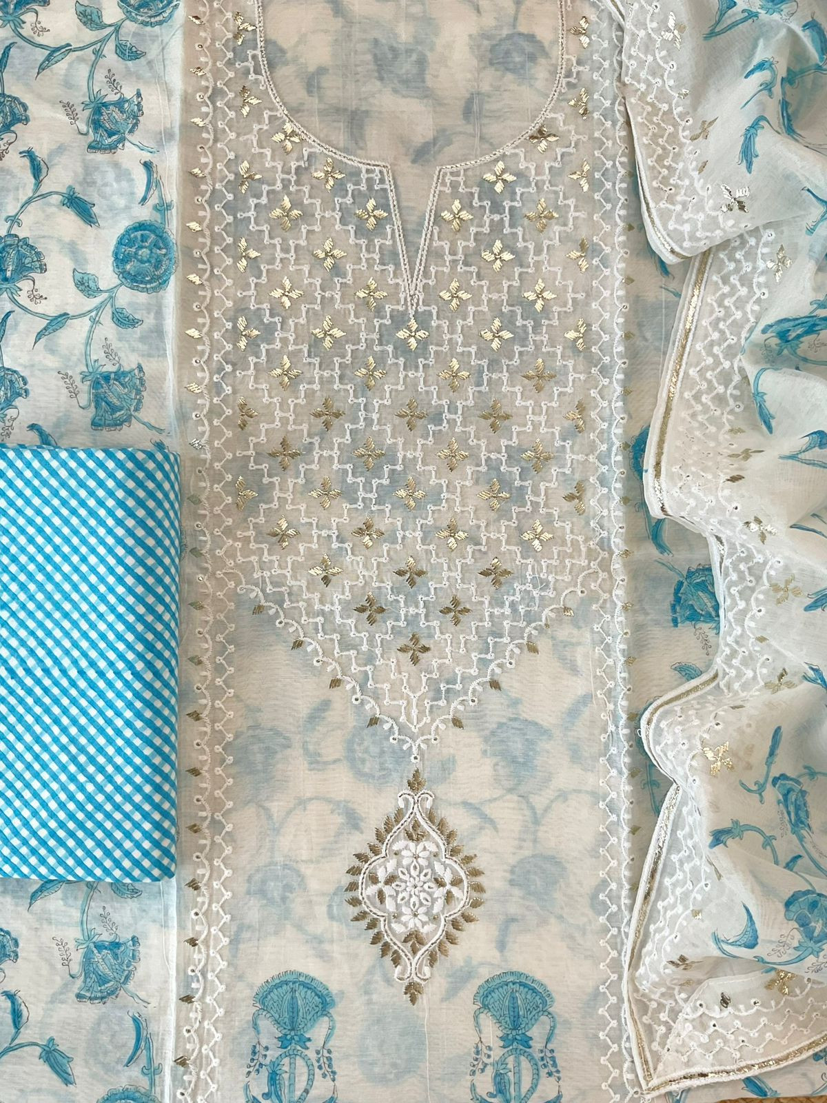 Pure Chanderi Printed Embroidered Suit - Offwhite