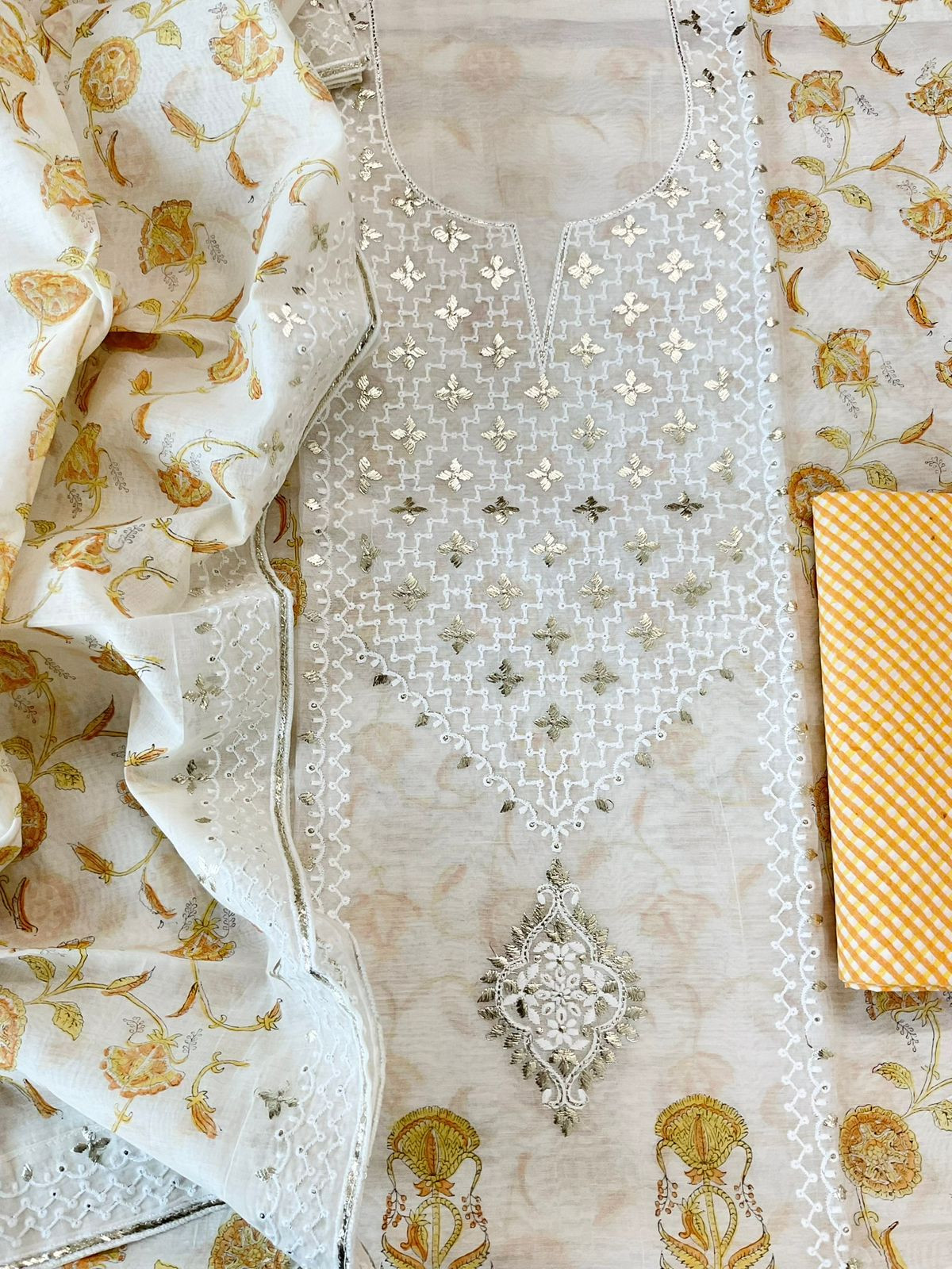 Pure Chanderi Printed Embroidered Suit - Offwhite