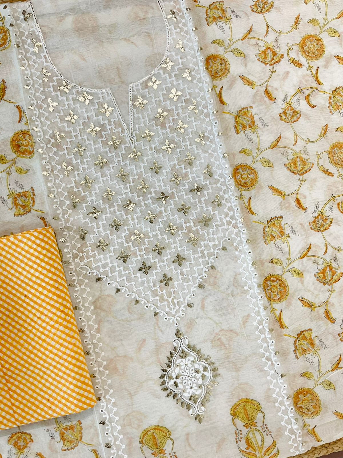 Pure Chanderi Printed Embroidered Suit - Offwhite