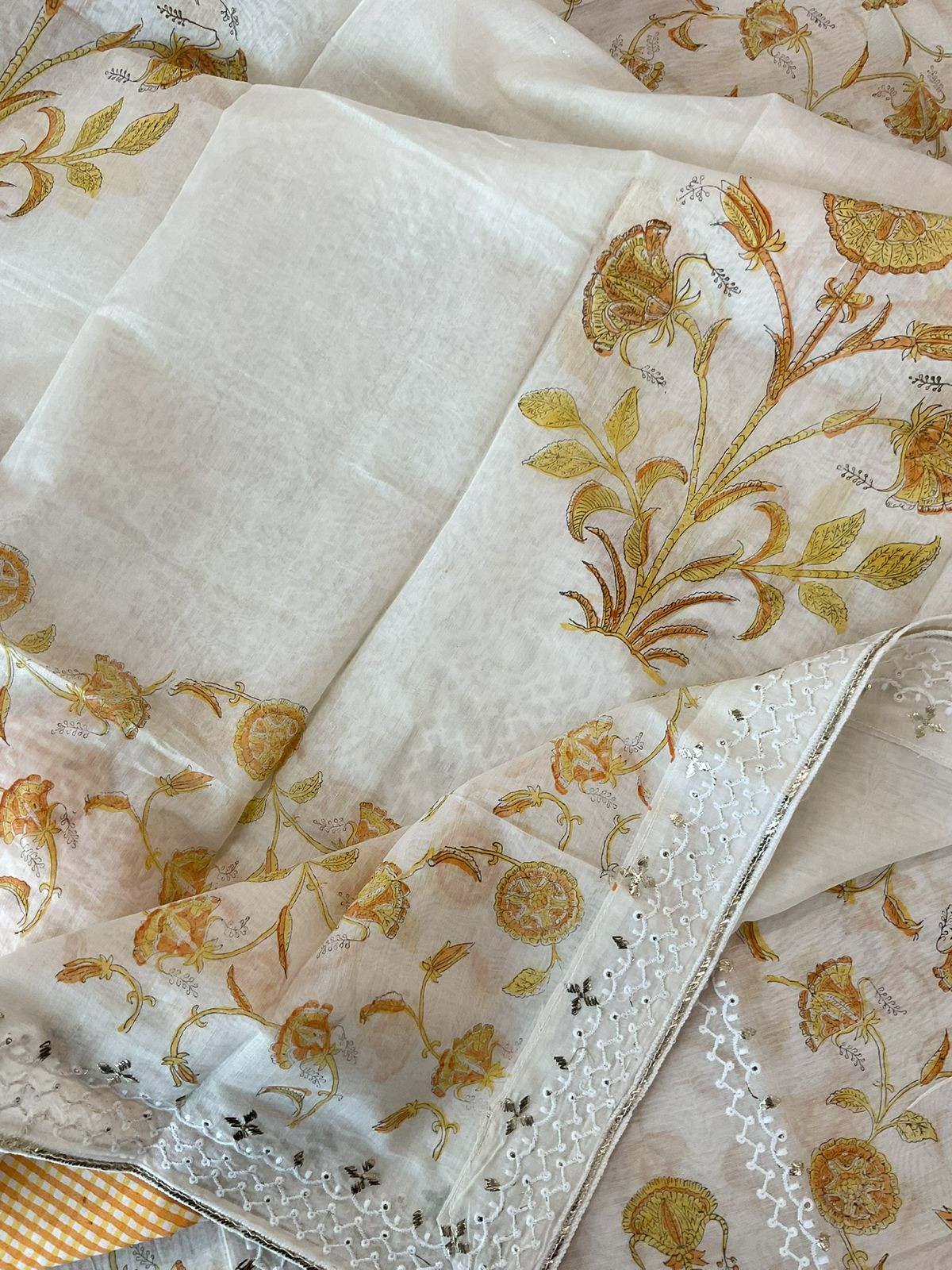 Pure Chanderi Printed Embroidered Suit - Offwhite