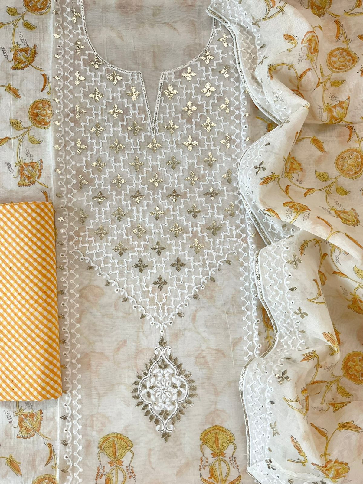 Pure Chanderi Printed Embroidered Suit - Offwhite