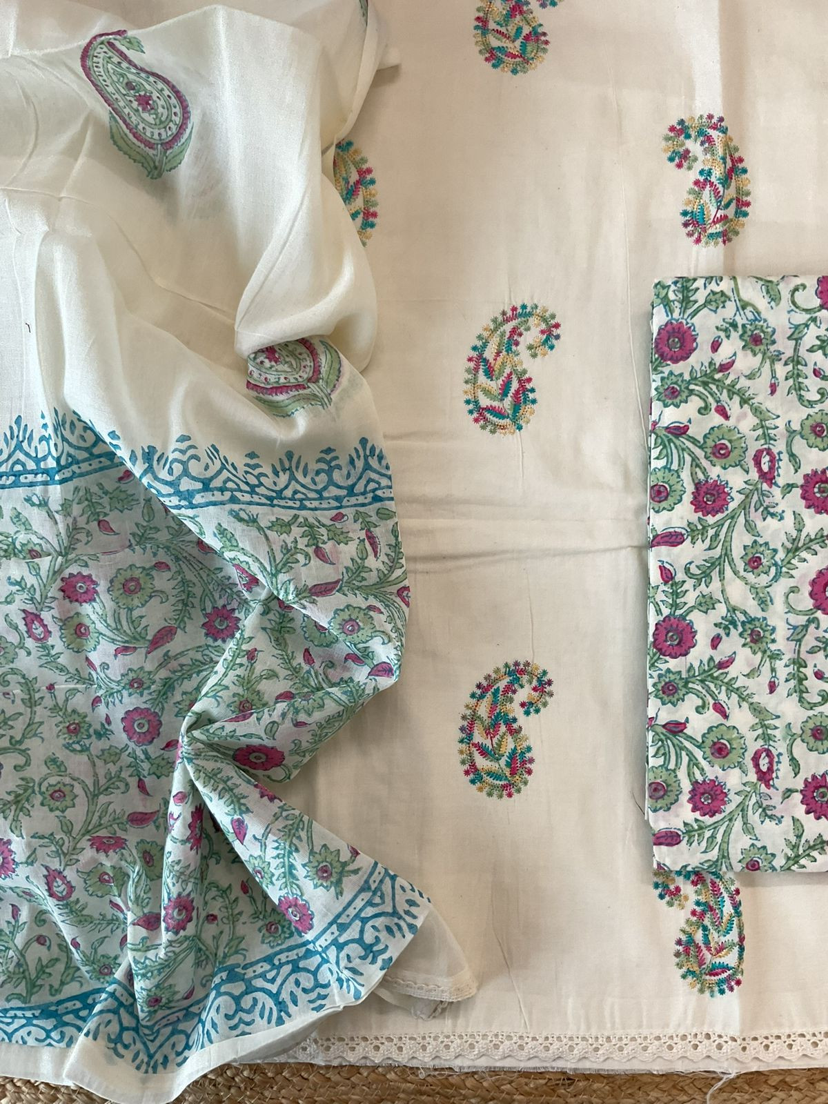 Pure Cotton Printed Embroidered Suit - Off White