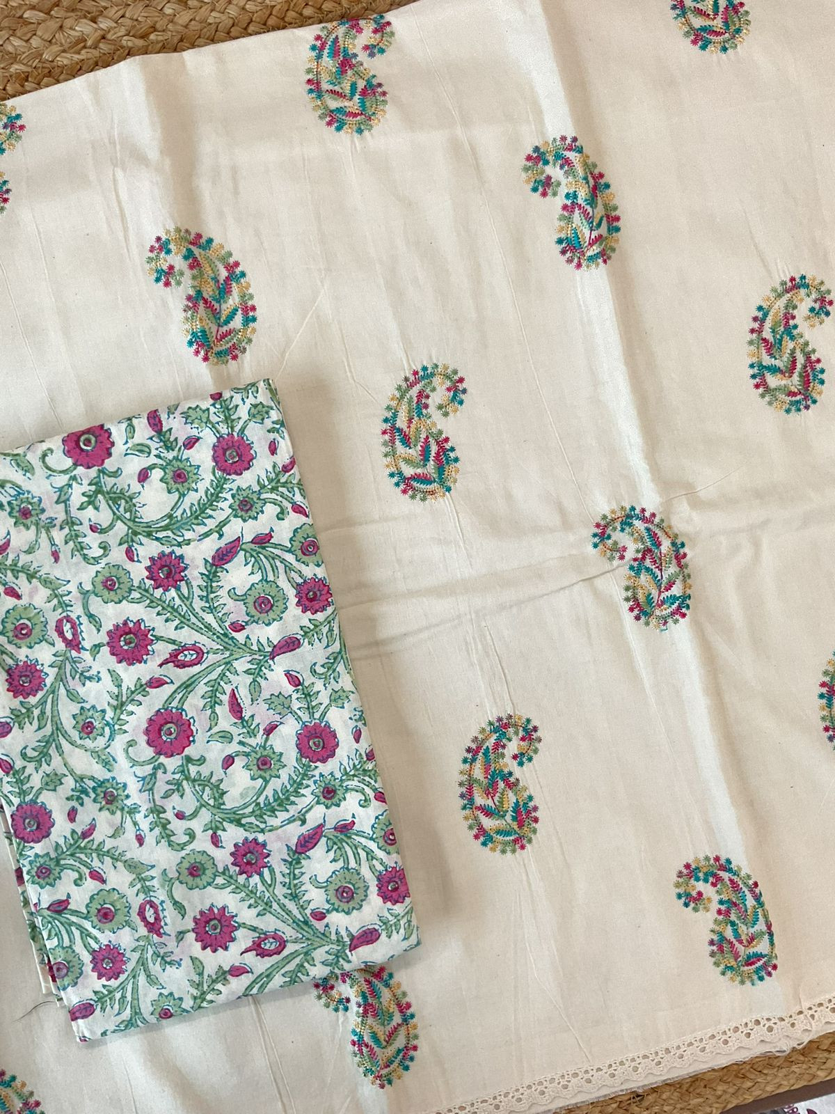 Pure Cotton Printed Embroidered Suit - Off White