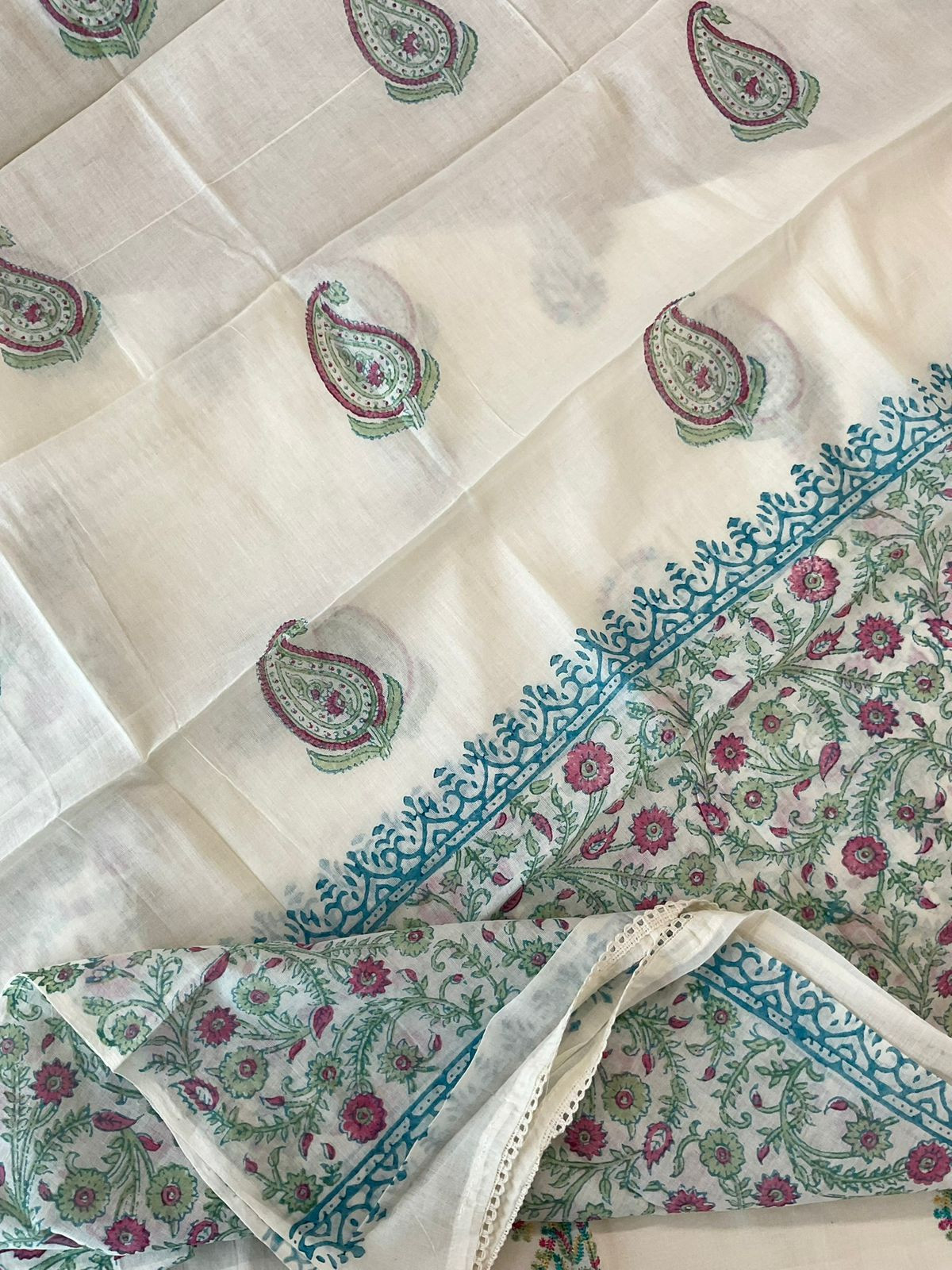 Pure Cotton Printed Embroidered Suit - Off White