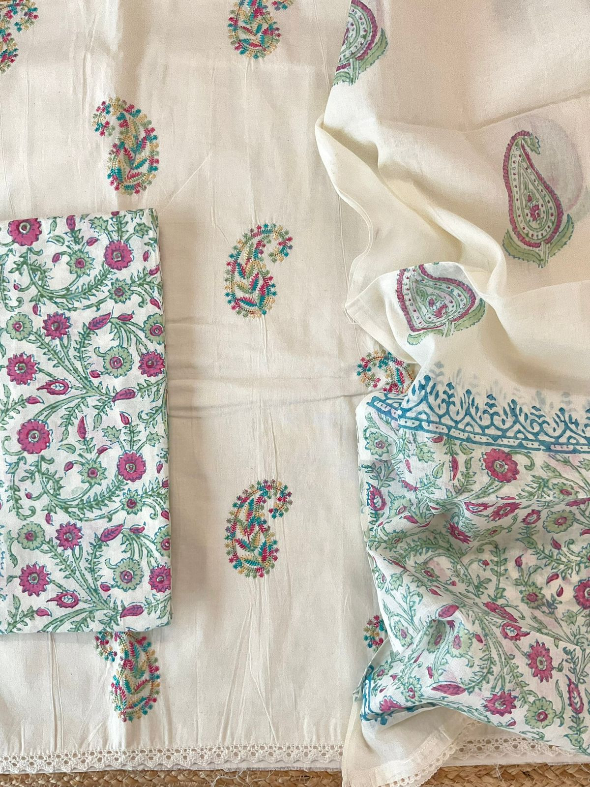 Pure Cotton Printed Embroidered Suit - Off White