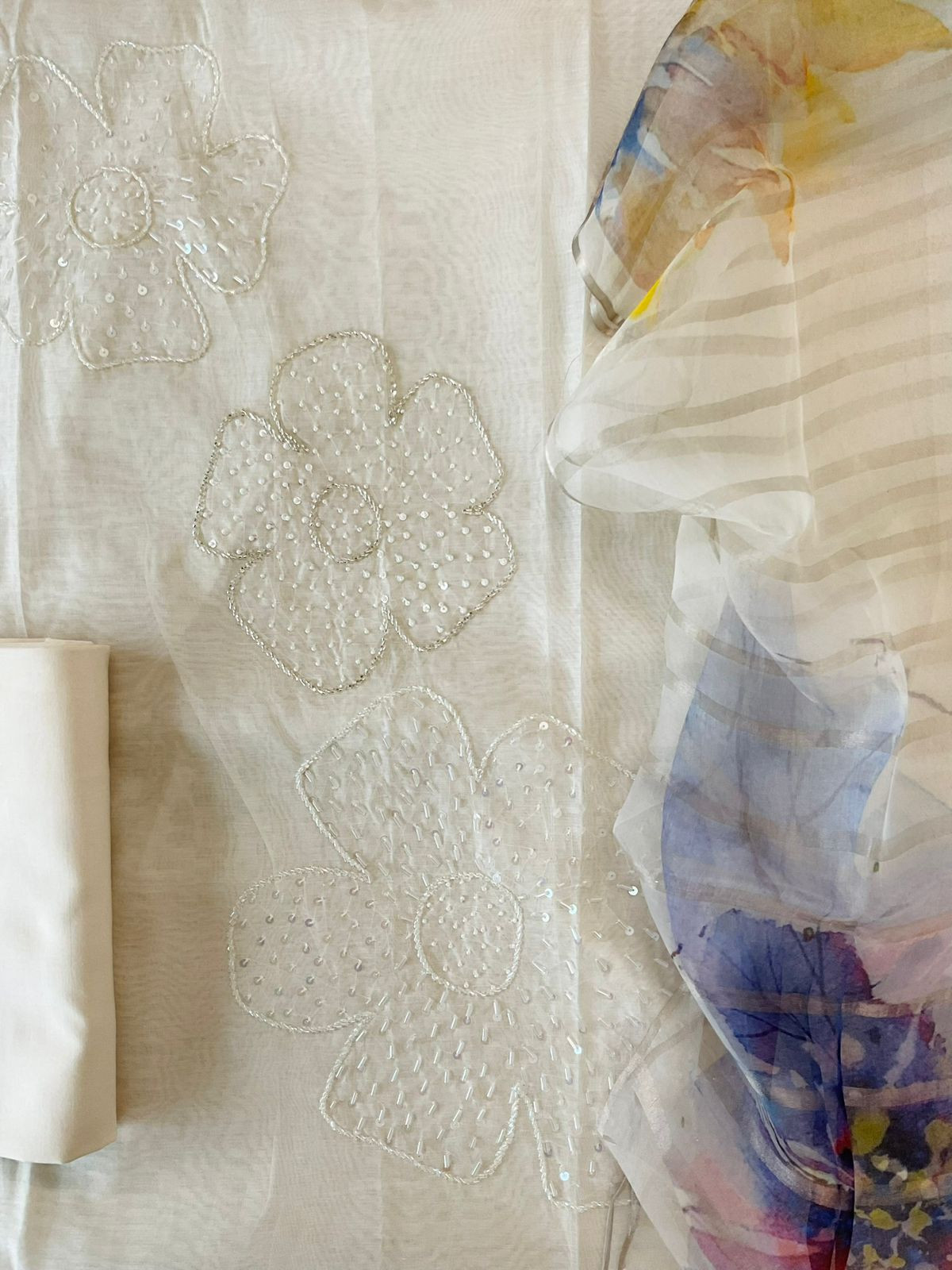 Pure Mul Chanderi Printed Embroidered Suit - Offwhite