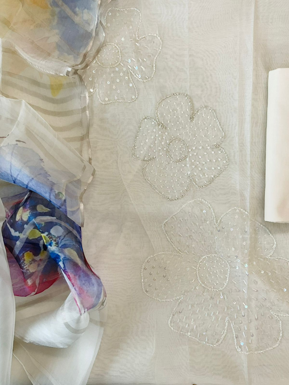 Pure Mul Chanderi Printed Embroidered Suit - Offwhite