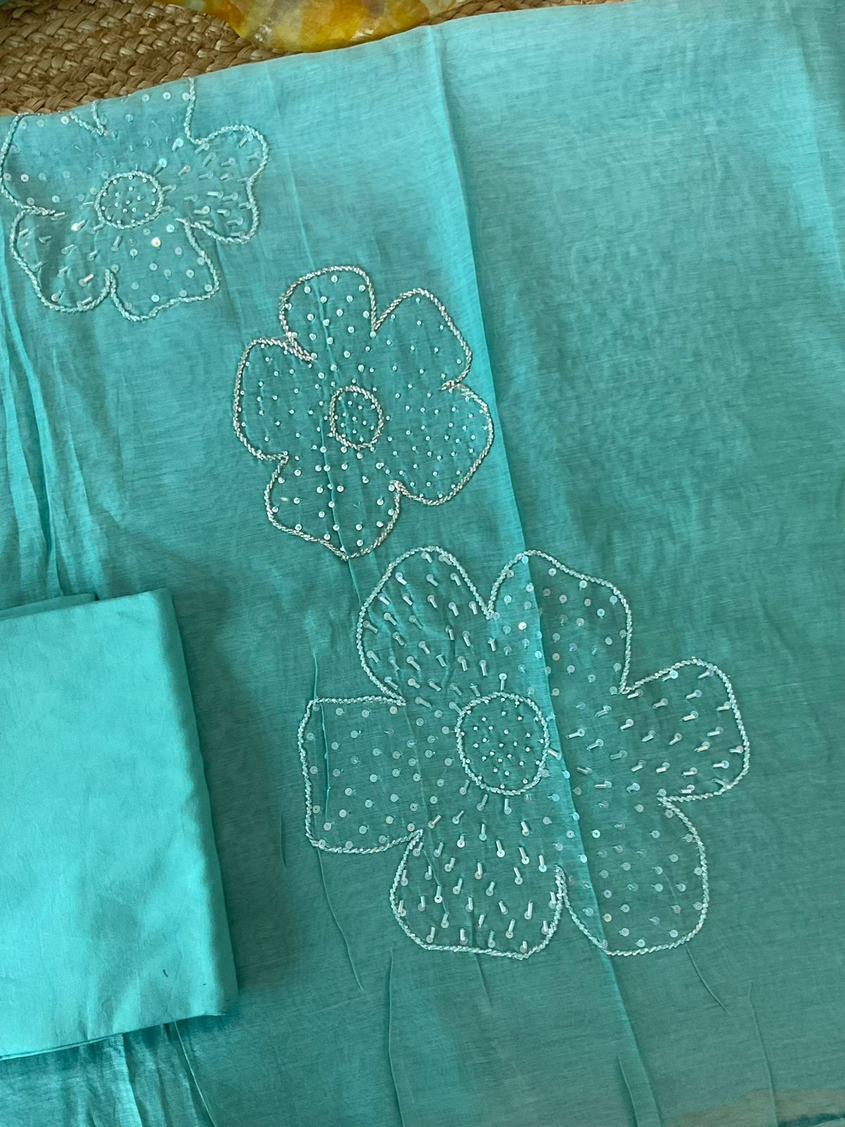 Pure Mul Chanderi Printed Embroidered Suit - Blue