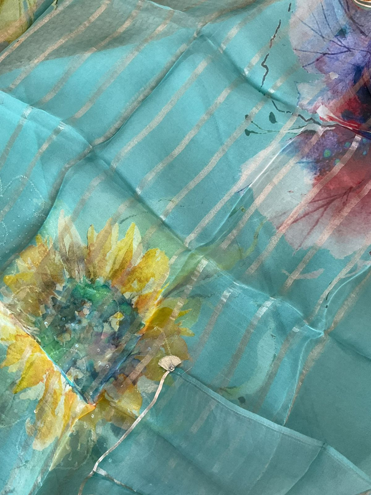 Pure Mul Chanderi Printed Embroidered Suit - Blue