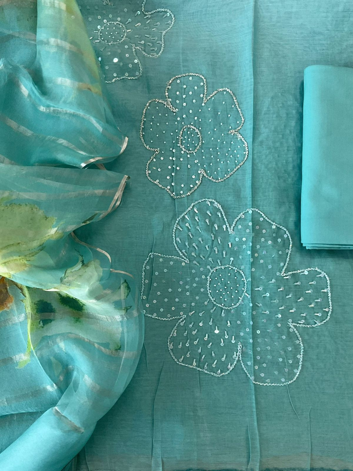 Pure Mul Chanderi Printed Embroidered Suit - Blue