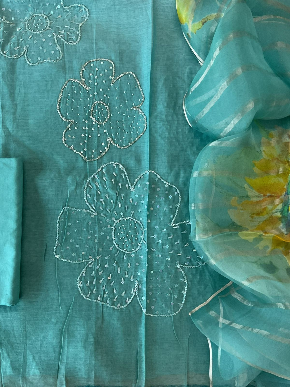 Pure Mul Chanderi Printed Embroidered Suit - Blue