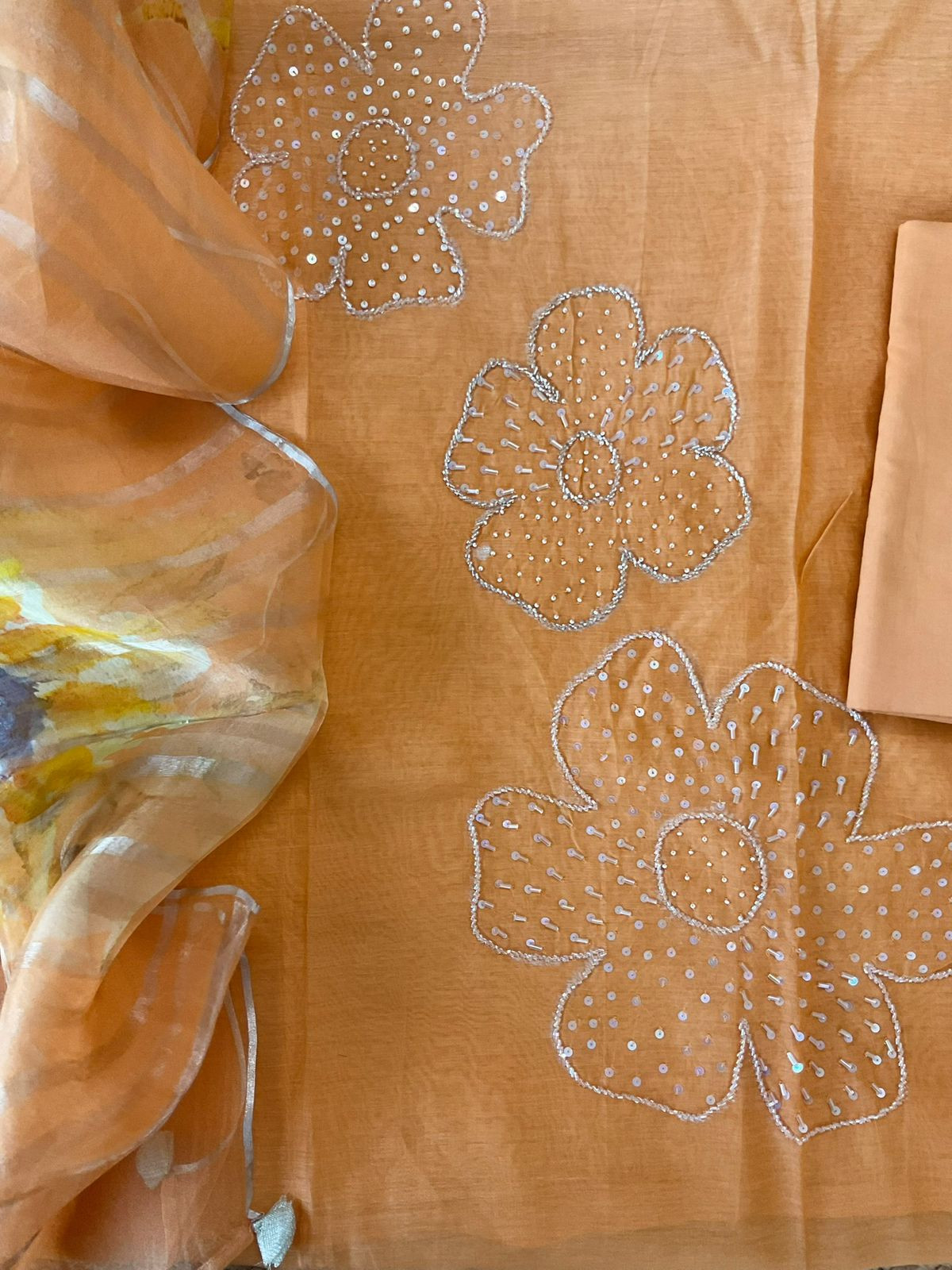 Pure Mul Chanderi Printed Embroidered Suit - Orange