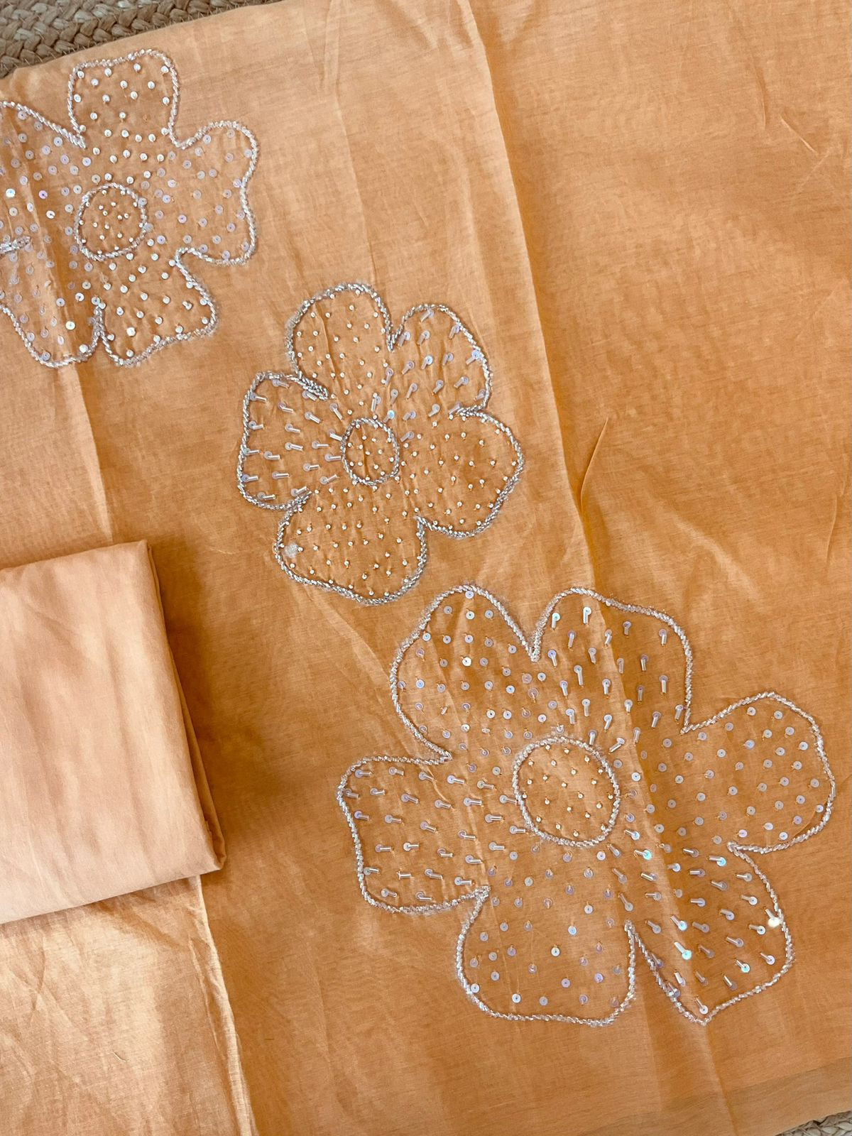 Pure Mul Chanderi Printed Embroidered Suit - Orange