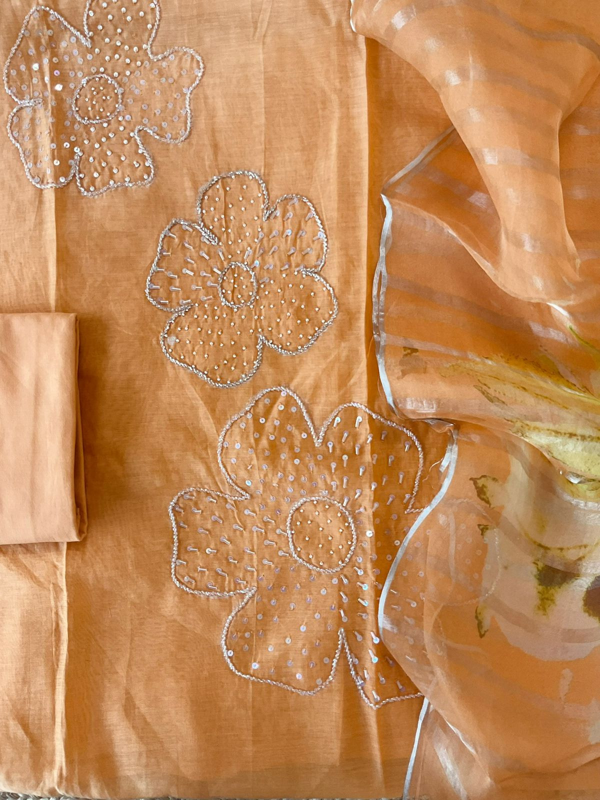 Pure Mul Chanderi Printed Embroidered Suit - Orange