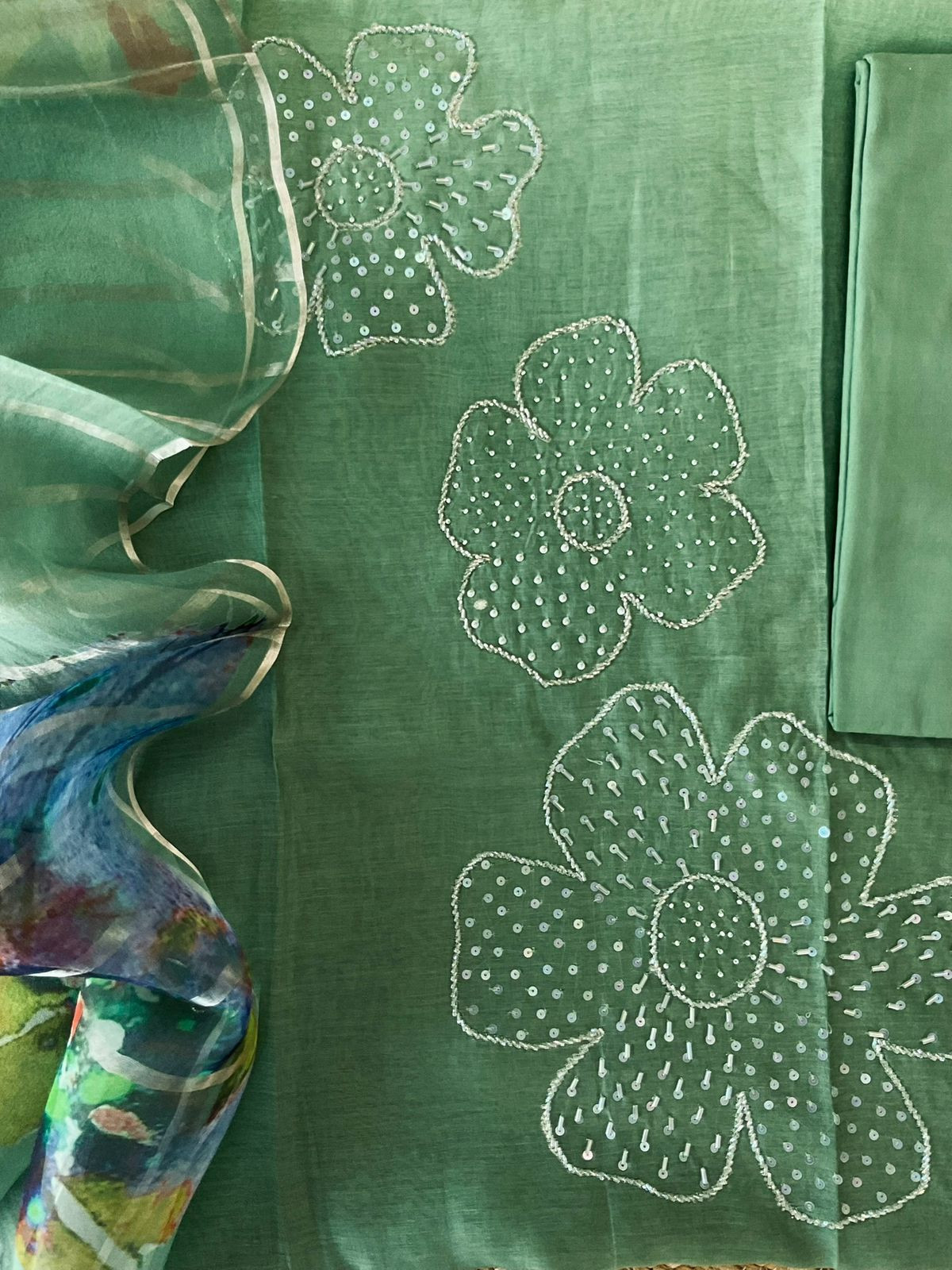 Pure Mul Chanderi Printed Embroidered Suit - Green