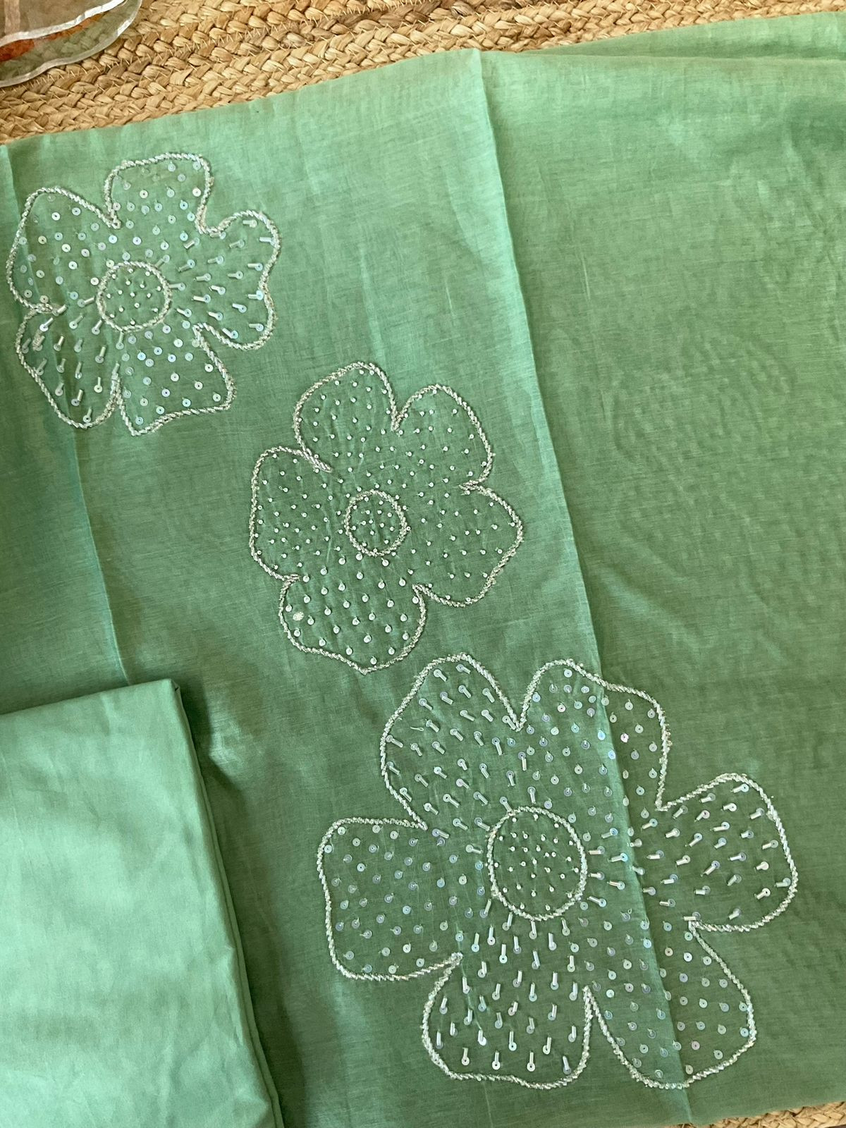 Pure Mul Chanderi Printed Embroidered Suit - Green