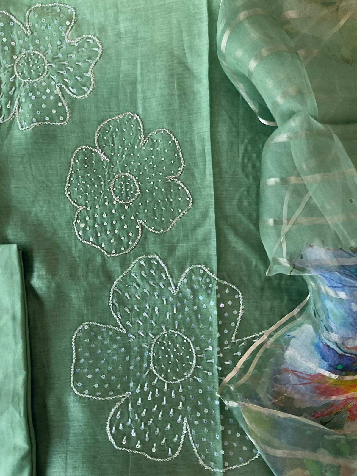 Pure Mul Chanderi Printed Embroidered Suit - Green