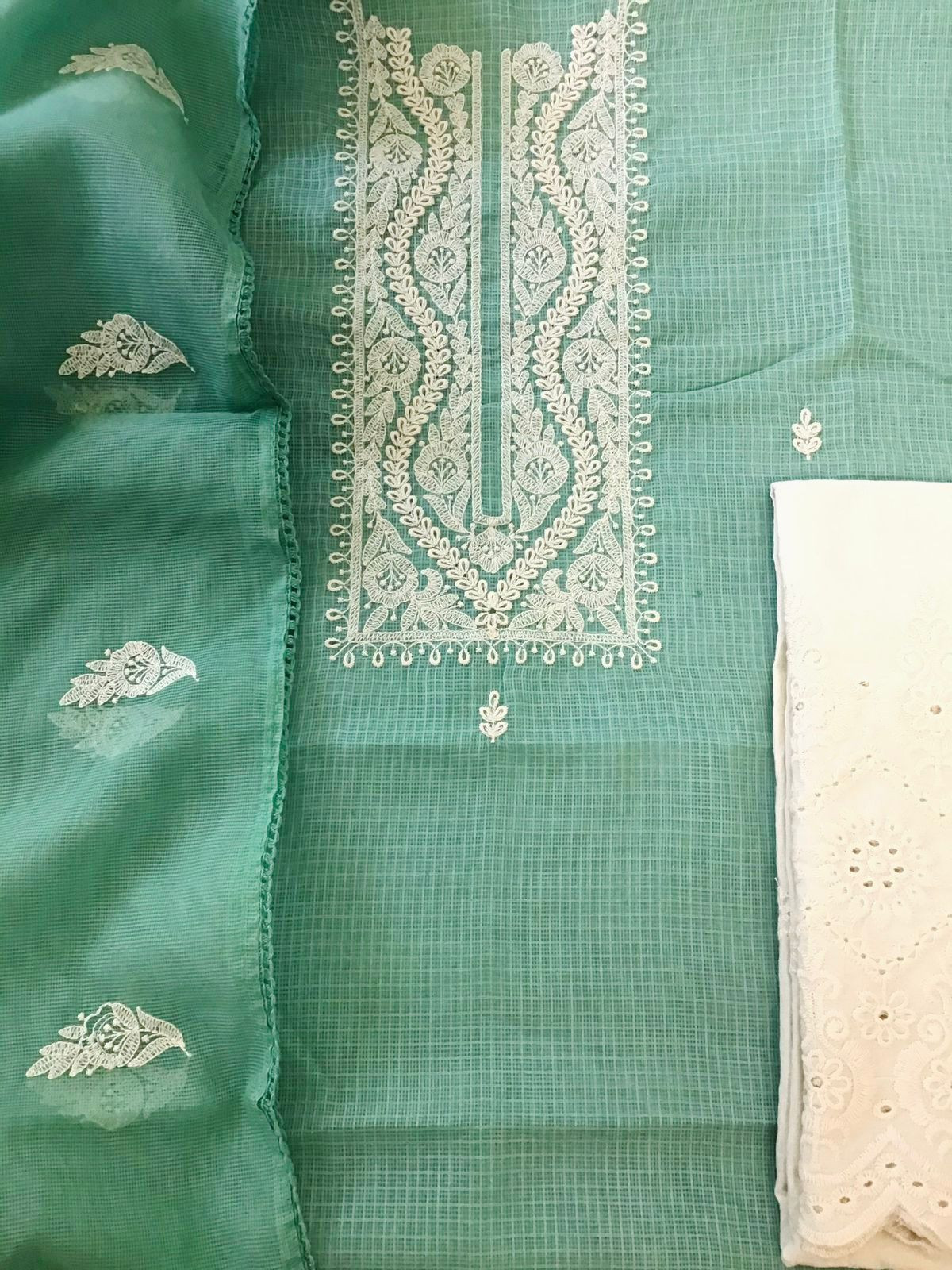 Soft Kota Silk Embroidered Suit - Sea Green