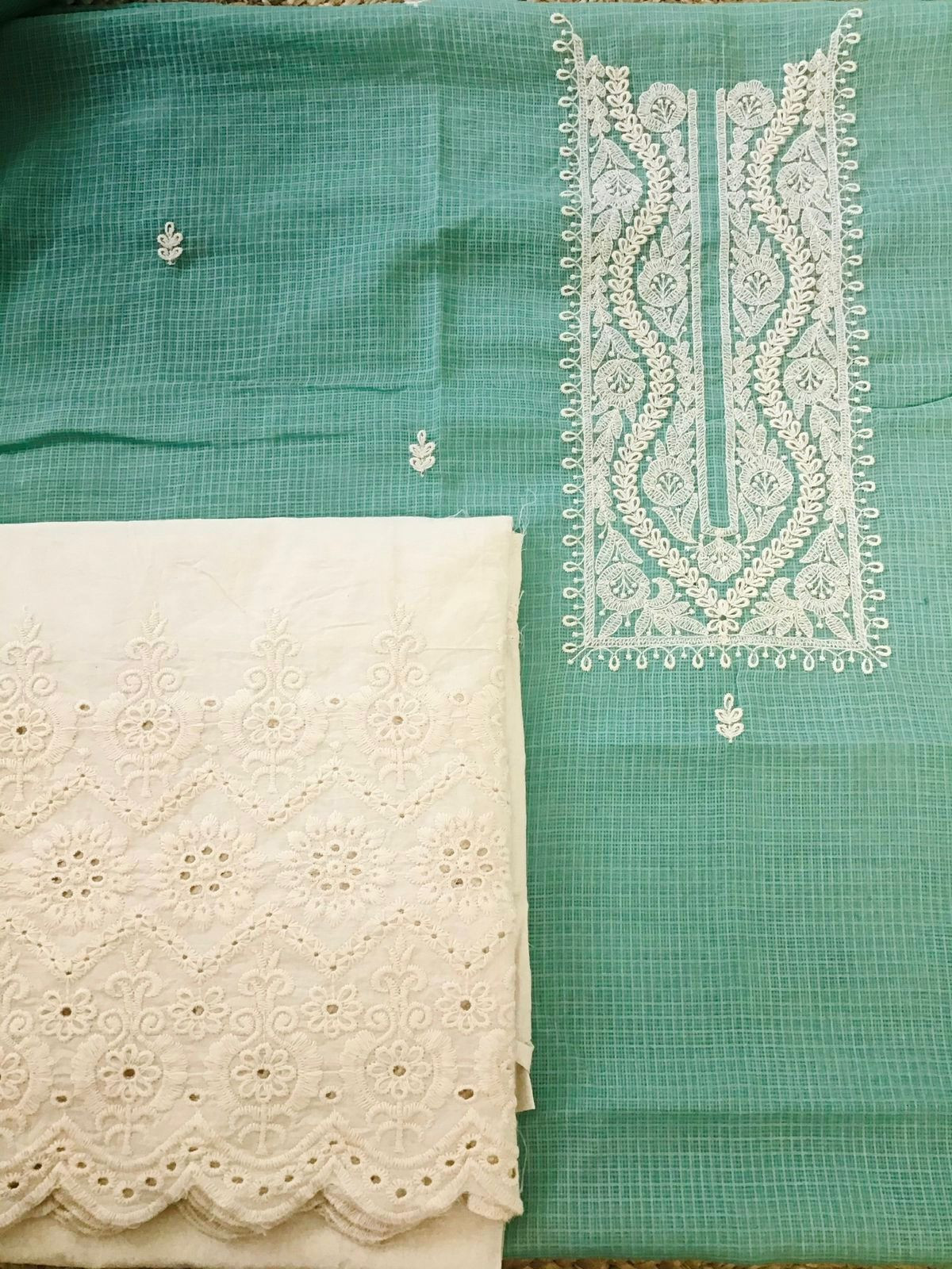 Soft Kota Silk Embroidered Suit - Sea Green