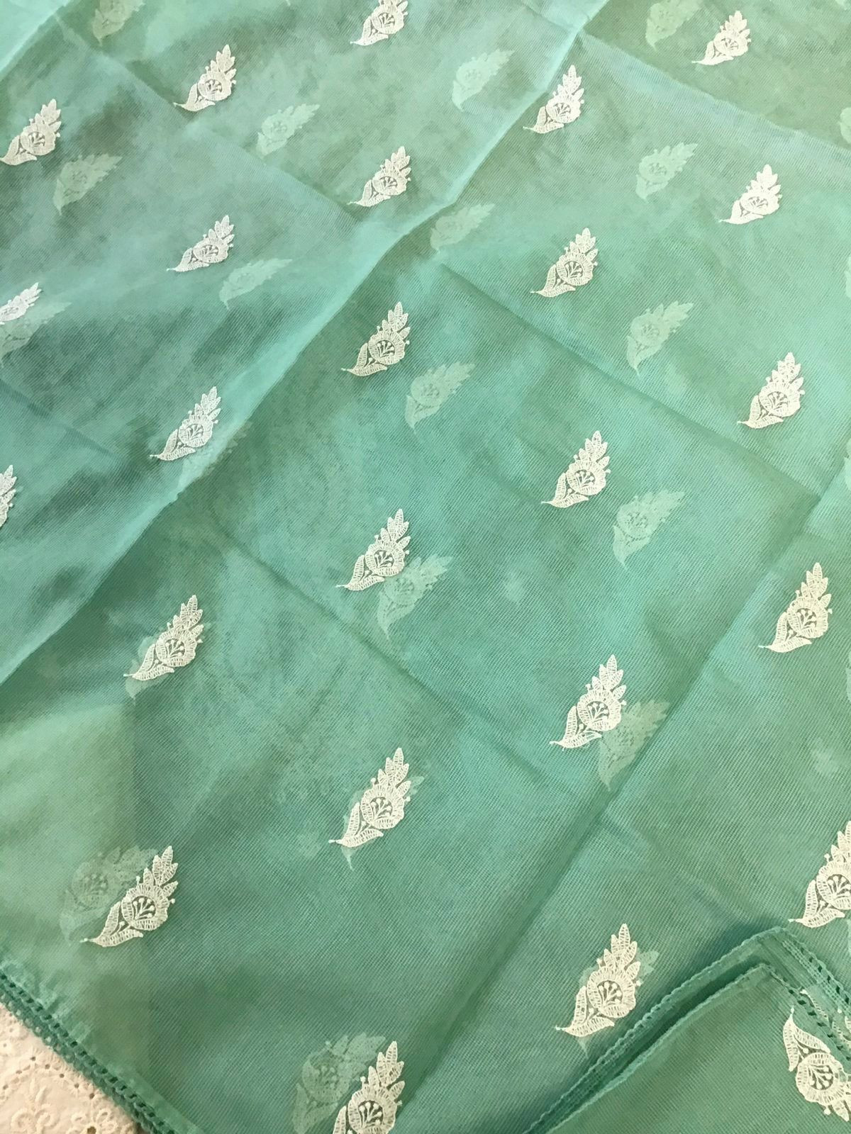 Soft Kota Silk Embroidered Suit - Sea Green