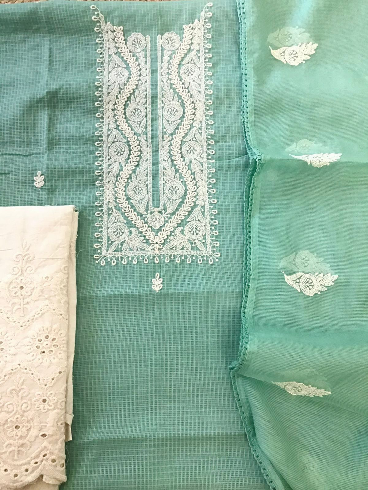 Soft Kota Silk Embroidered Suit - Sea Green