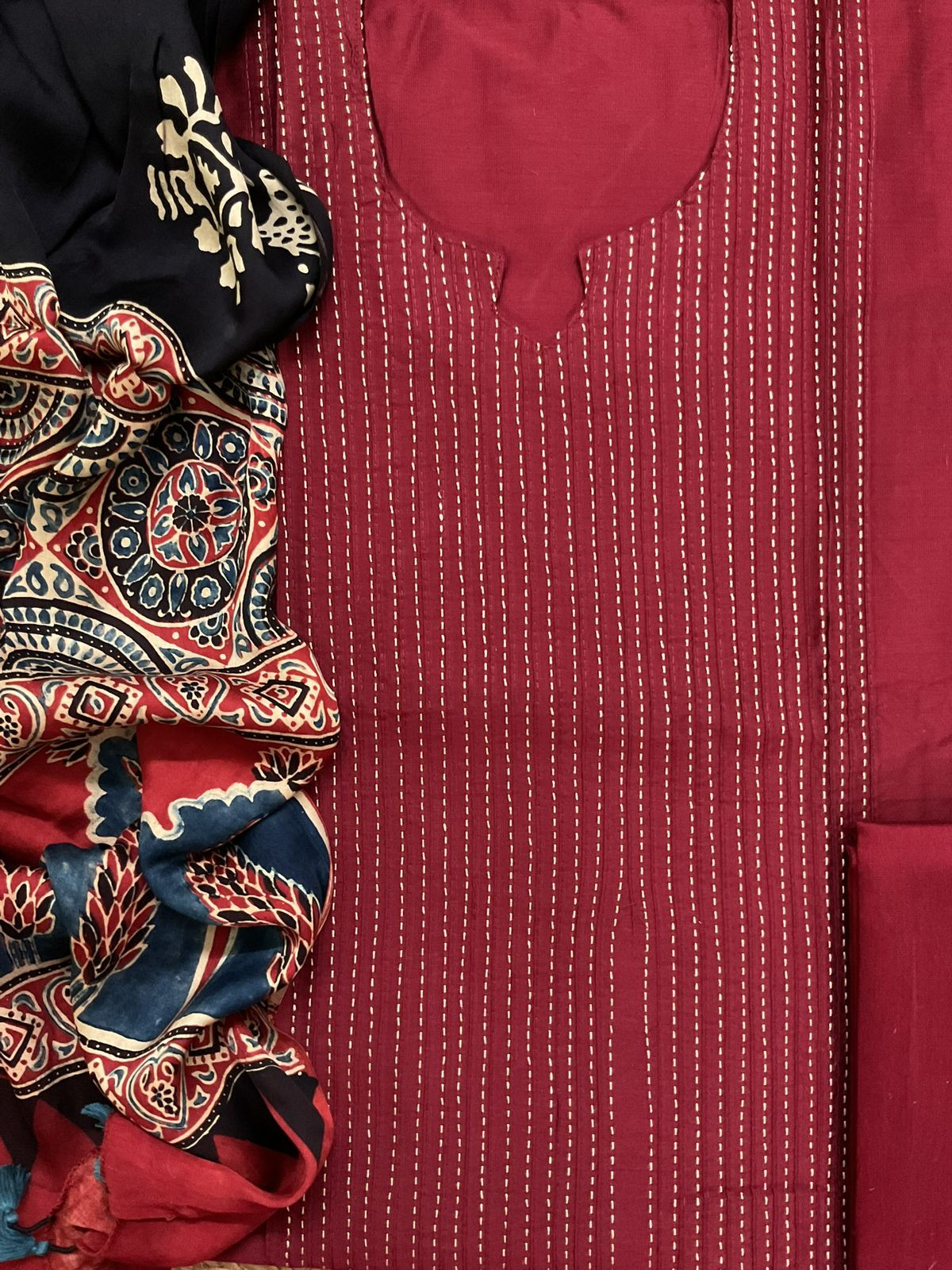 Pure Cotton Silk Printed Embroidered Suit - Maroon