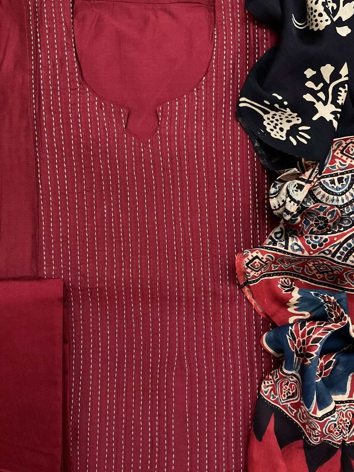 Pure Cotton Silk Printed Embroidered Suit - Maroon