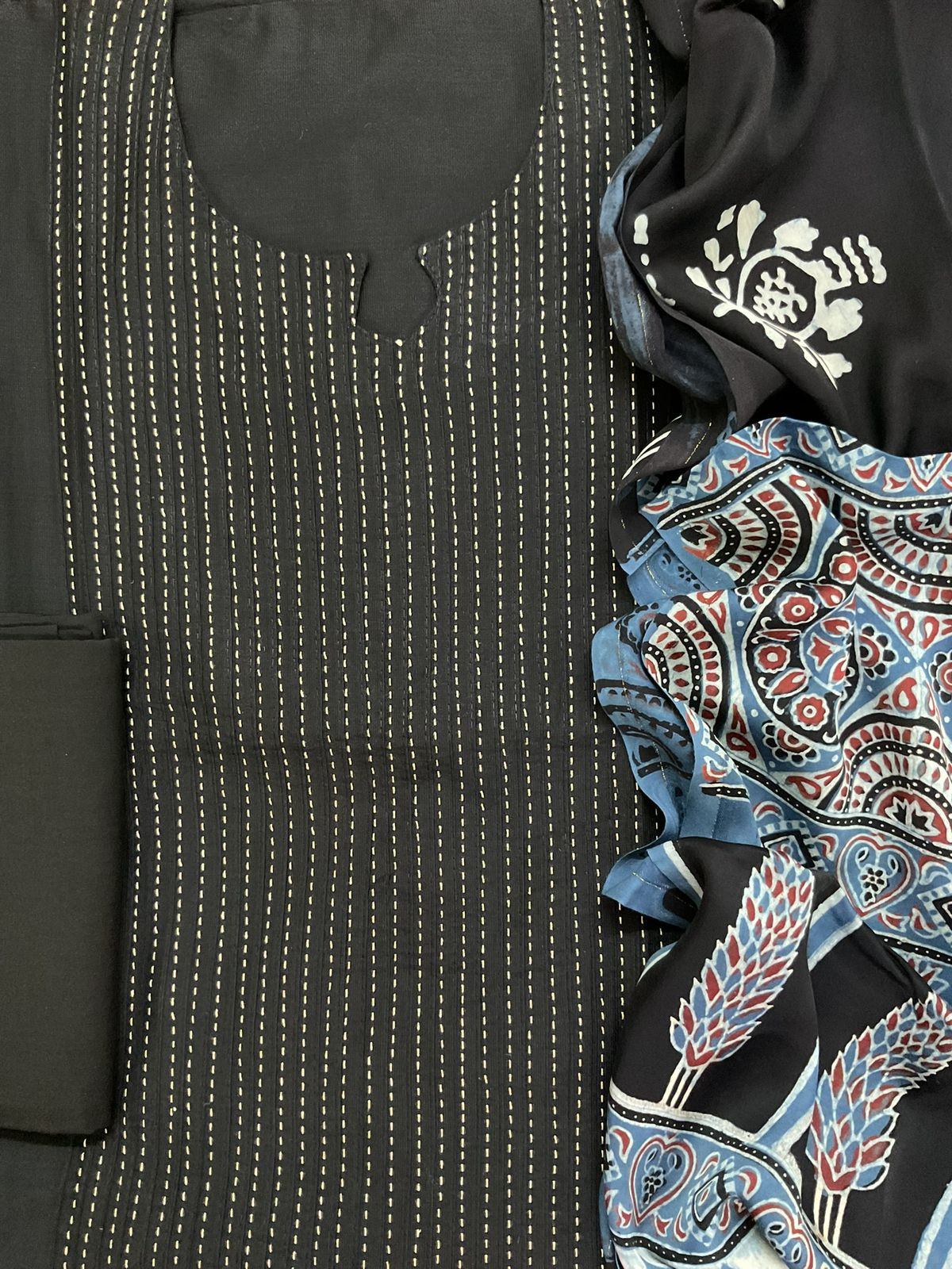 Pure Cotton Silk Printed Embroidered Suit - Black