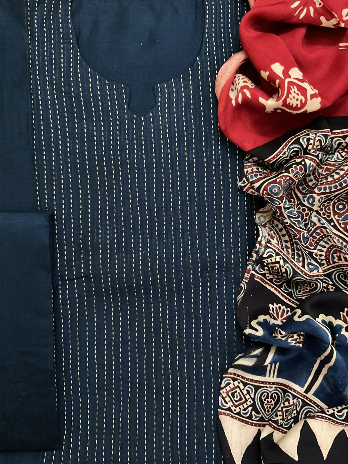 Pure Cotton Silk Printed Embroidered Suit - Blue