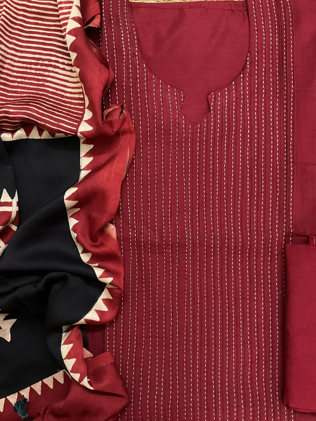 Pure Cotton Silk Printed Embroidered Suit - Maroon