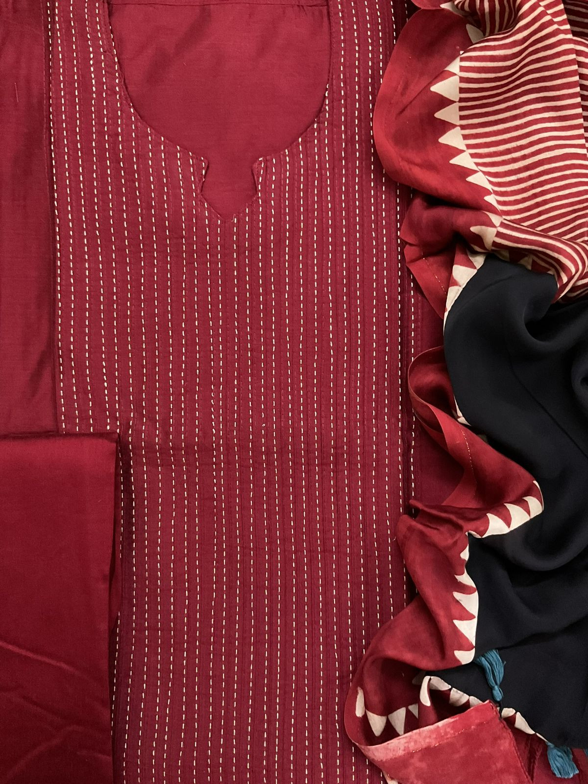 Pure Cotton Silk Printed Embroidered Suit - Maroon