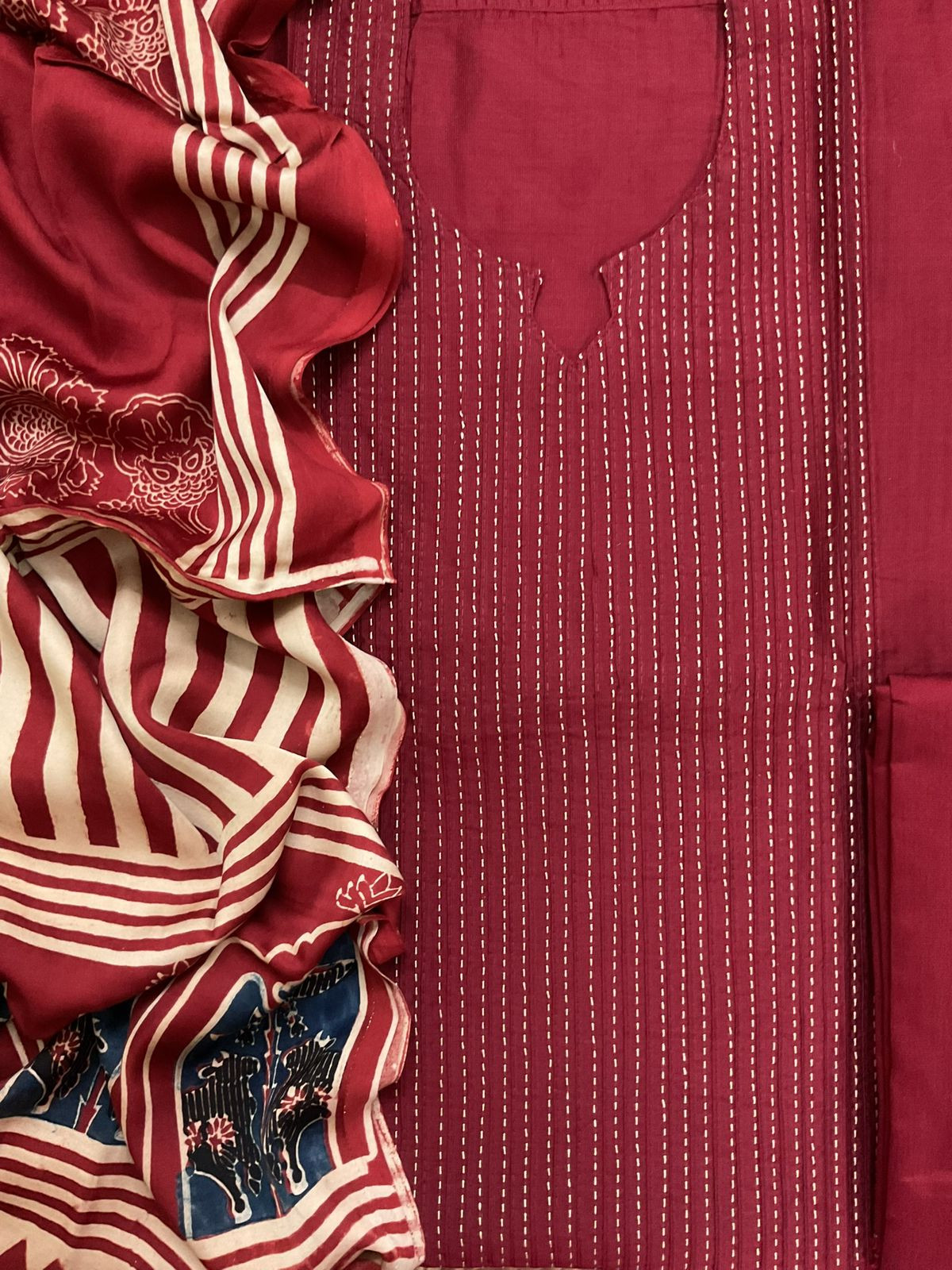 Pure Cotton Silk Printed Embroidered Suit - Maroon