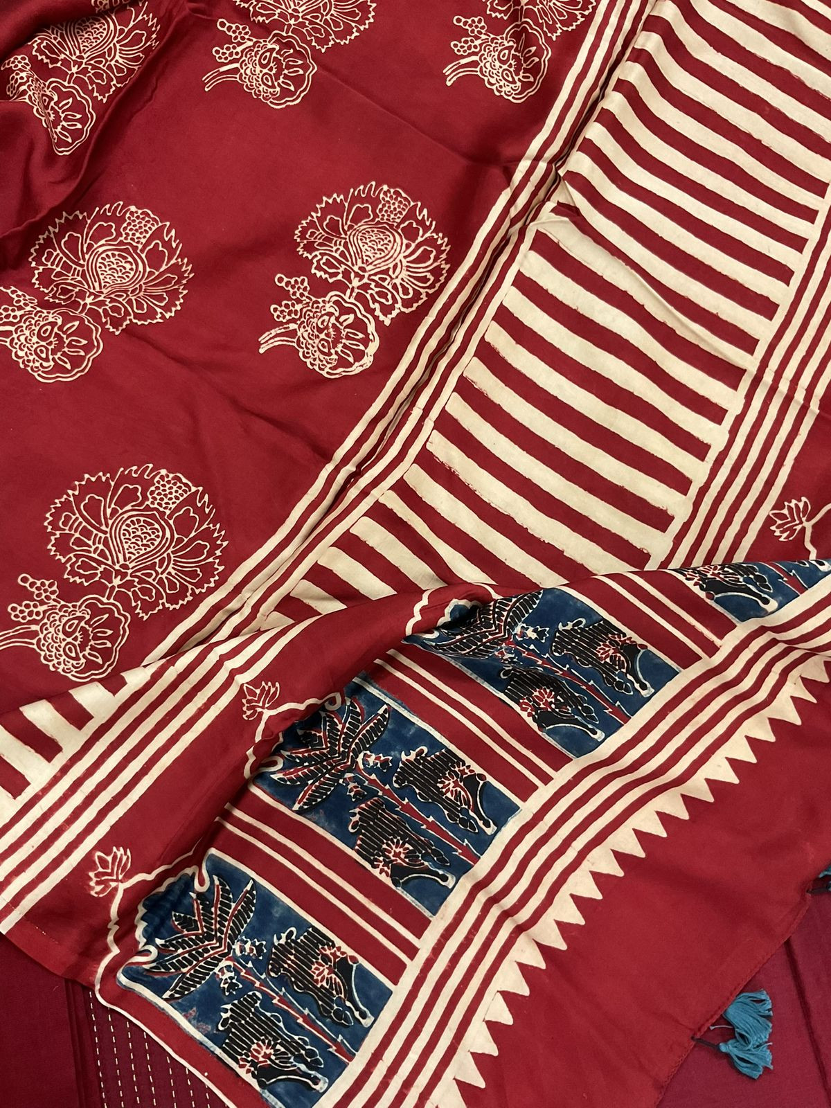 Pure Cotton Silk Printed Embroidered Suit - Maroon