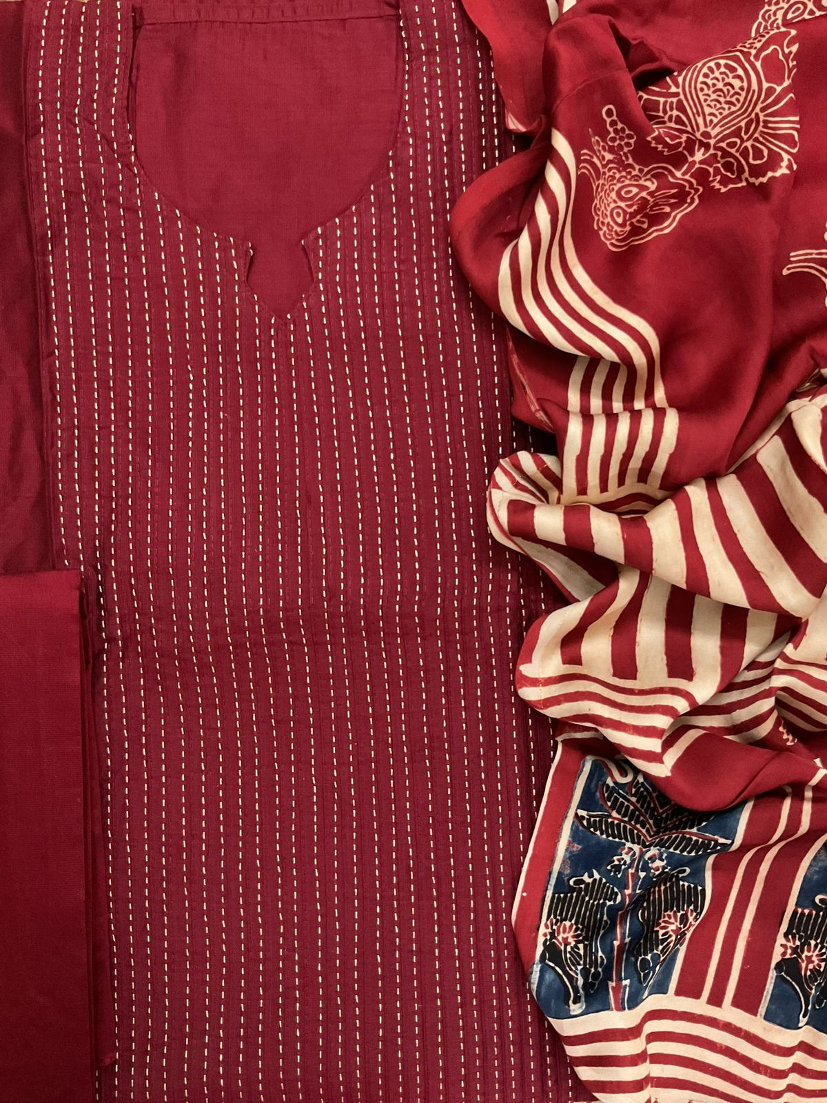 Pure Cotton Silk Printed Embroidered Suit - Maroon