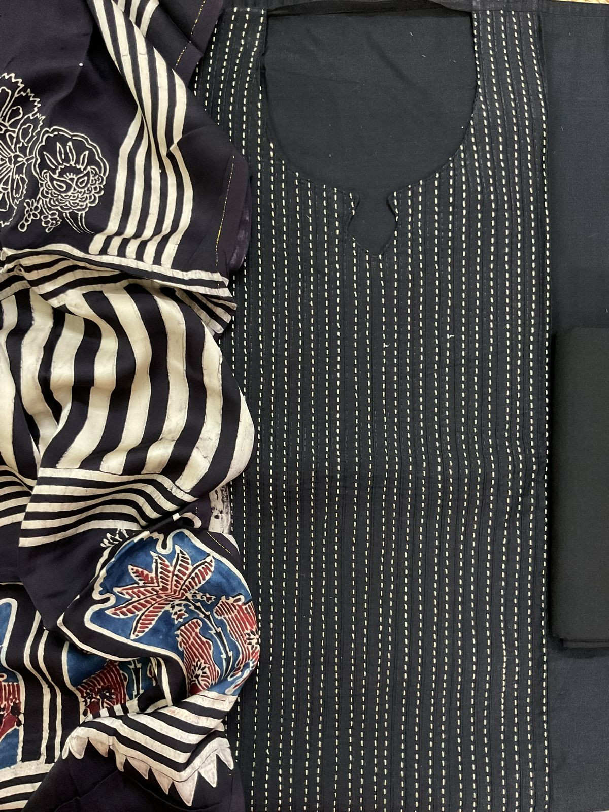 Pure Cotton Silk Printed Embroidered Suit - Black