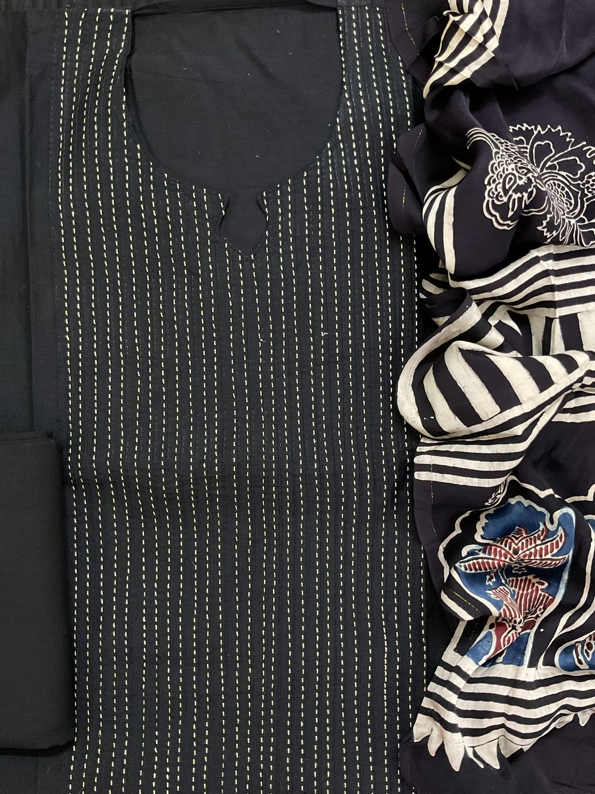 Pure Cotton Silk Printed Embroidered Suit - Black