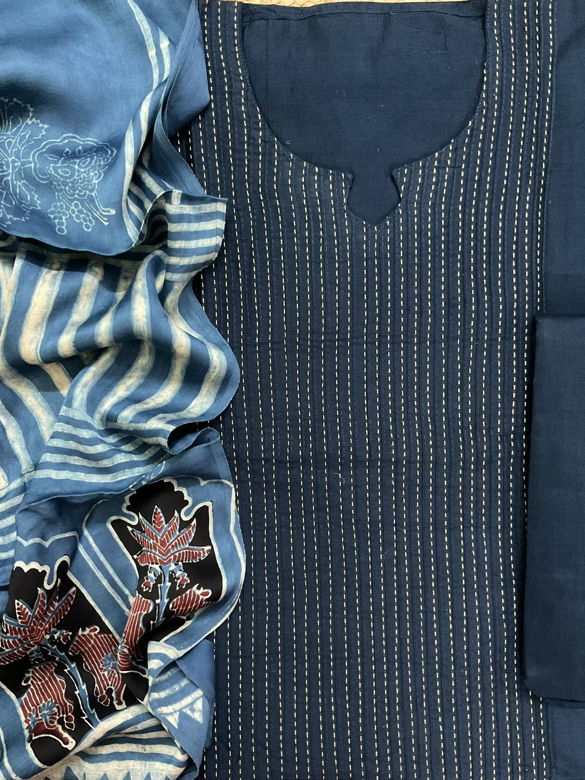 Pure Cotton Silk Printed Embroidered Suit - Blue