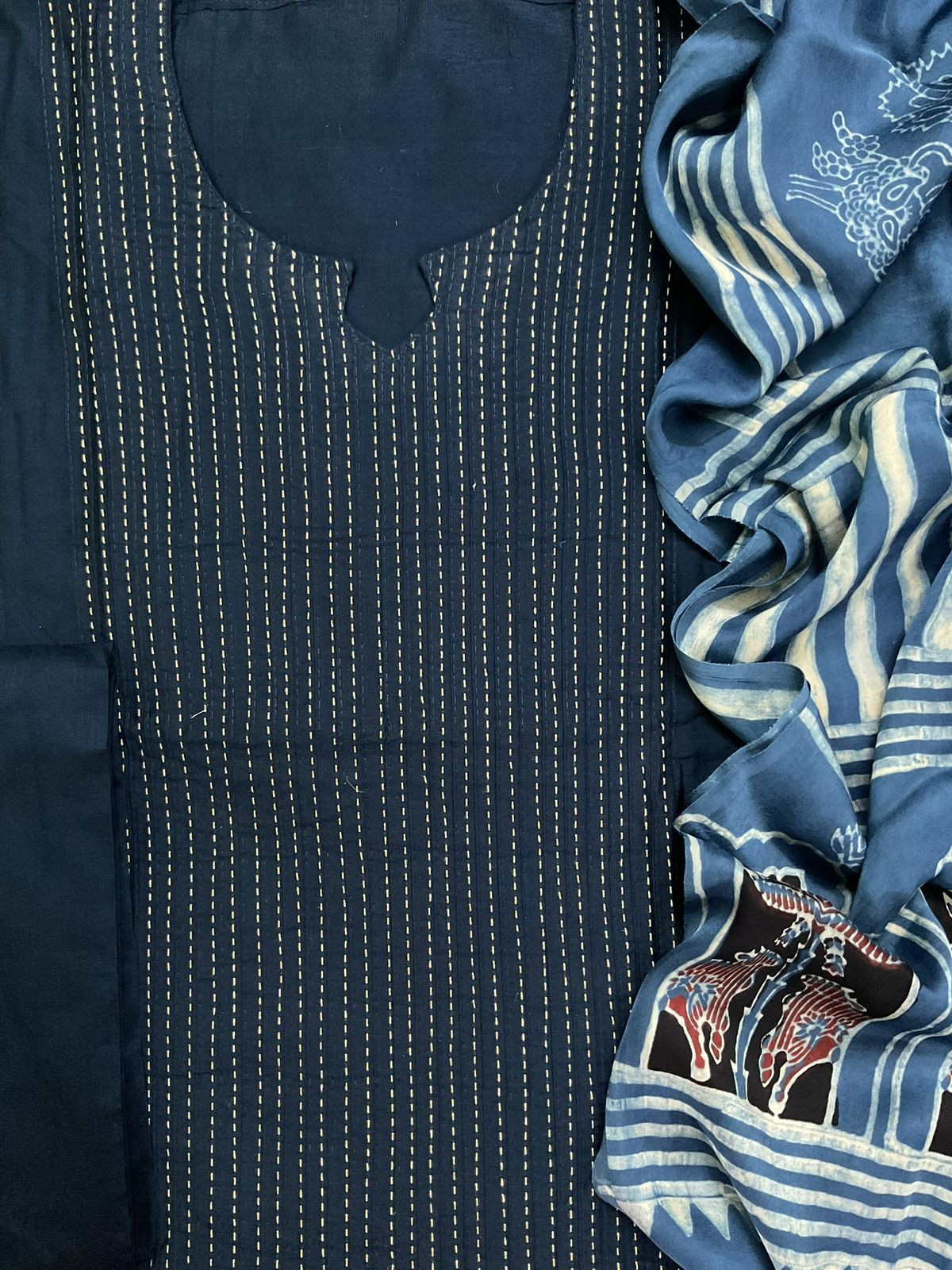 Pure Cotton Silk Printed Embroidered Suit - Blue