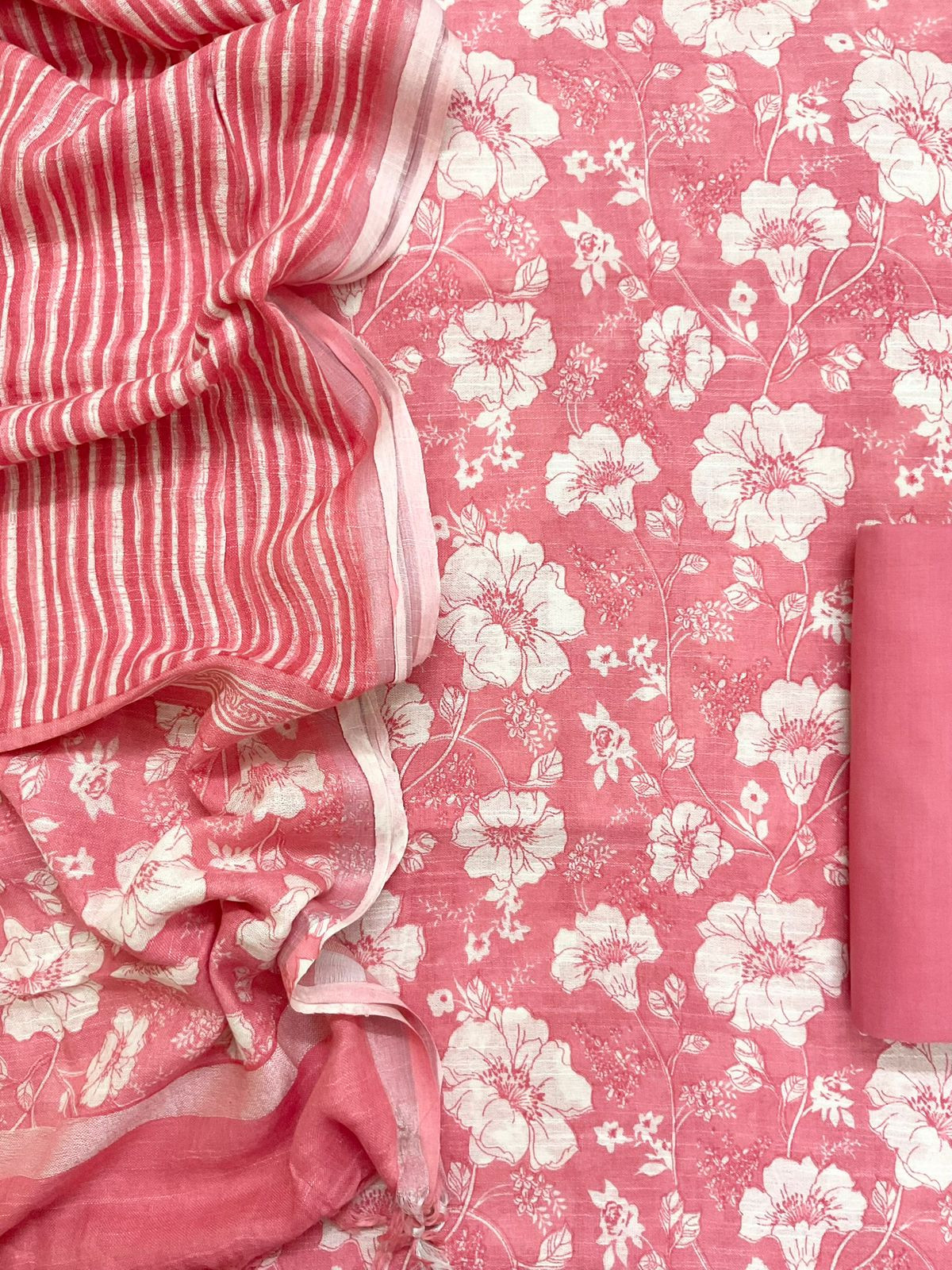 Pure Linen Jute Cotton Silk Printed Suit - Pink