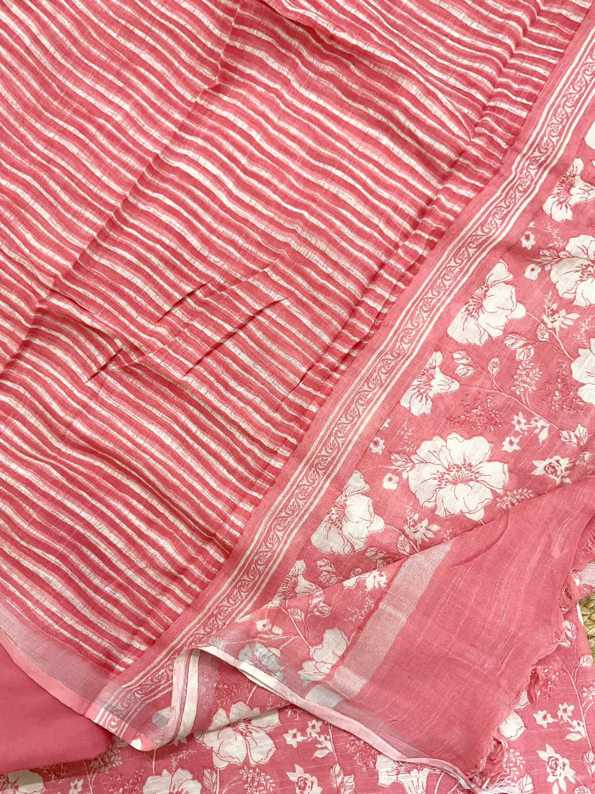 Pure Linen Jute Cotton Silk Printed Suit - Pink