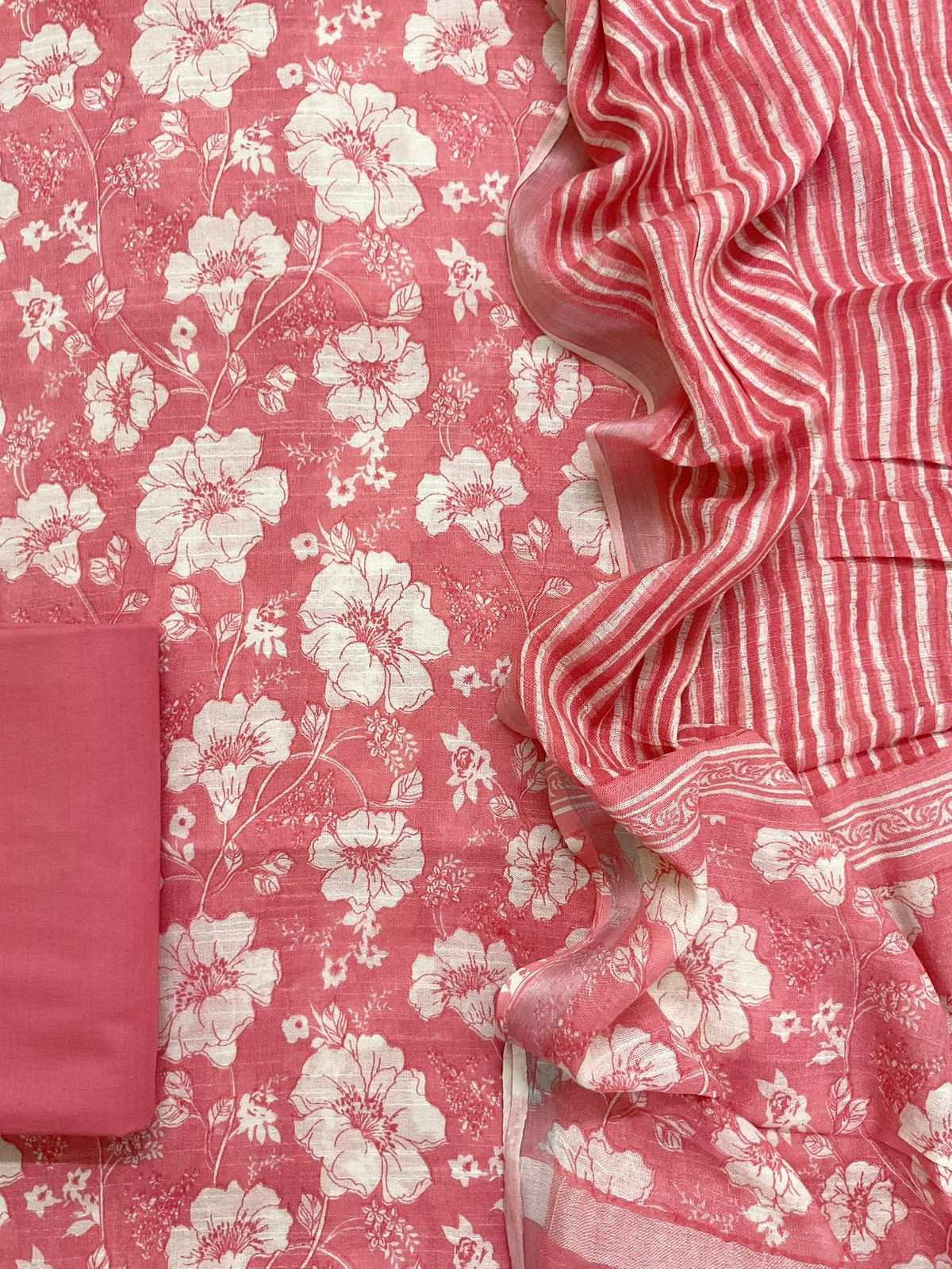 Pure Linen Jute Cotton Silk Printed Suit - Pink