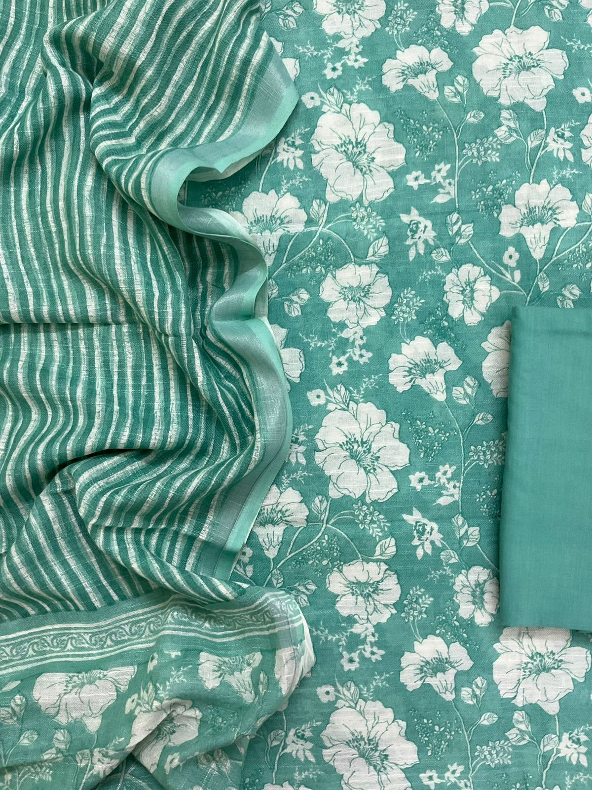 Pure Linen Jute Cotton Silk Printed Suit - Green