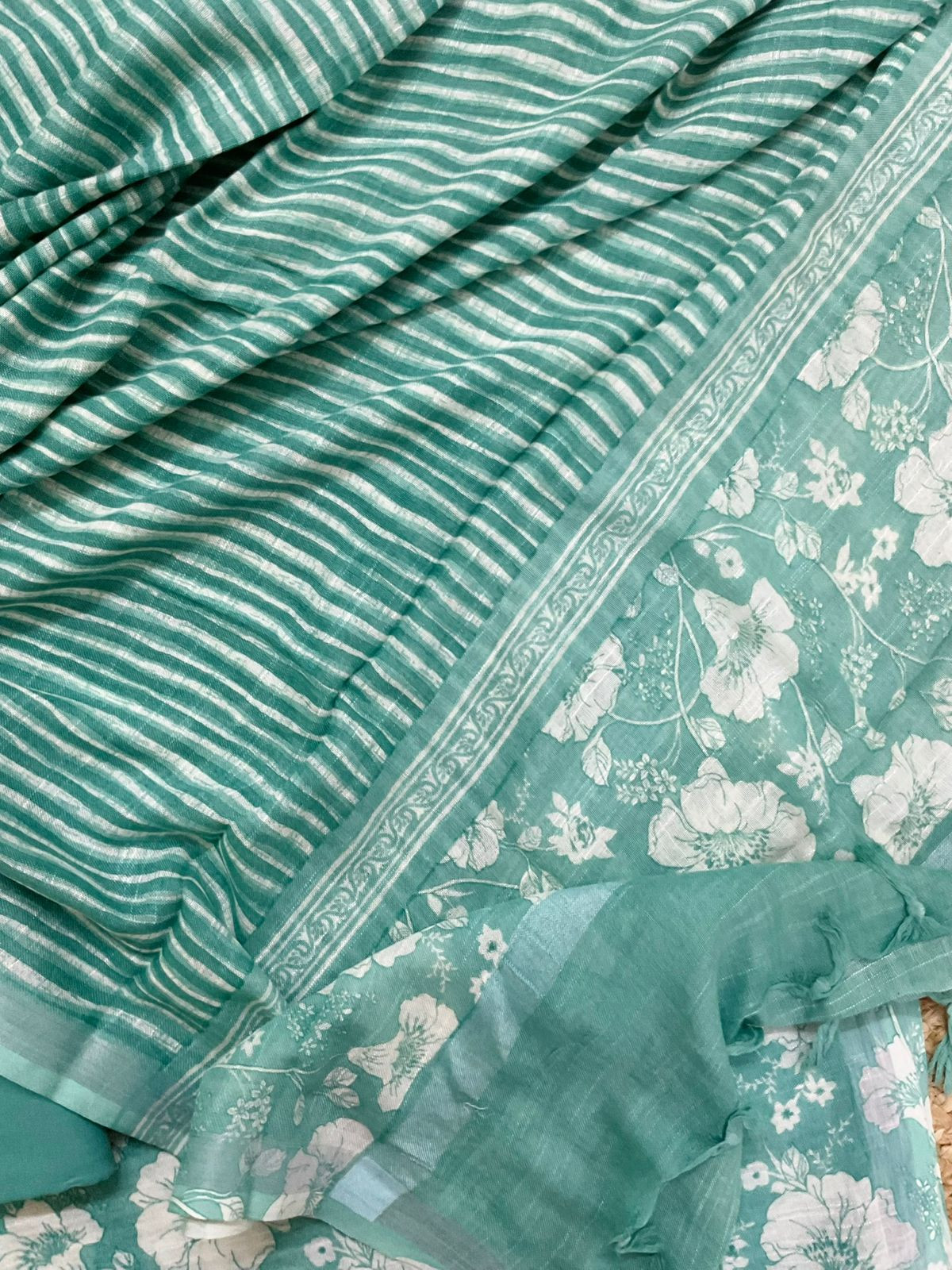 Pure Linen Jute Cotton Silk Printed Suit - Green