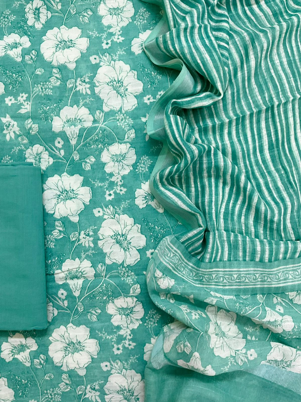 Pure Linen Jute Cotton Silk Printed Suit - Green