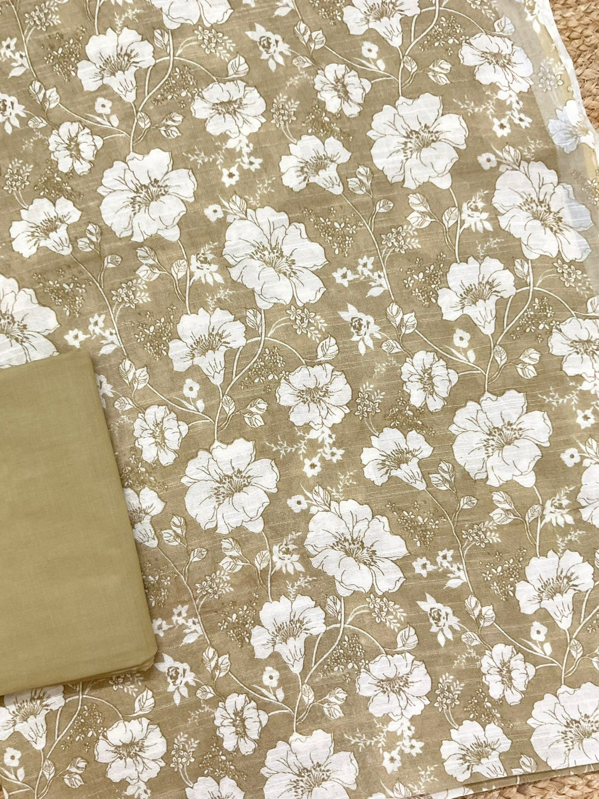 Pure Linen Jute Cotton Silk Printed Suit - Beige