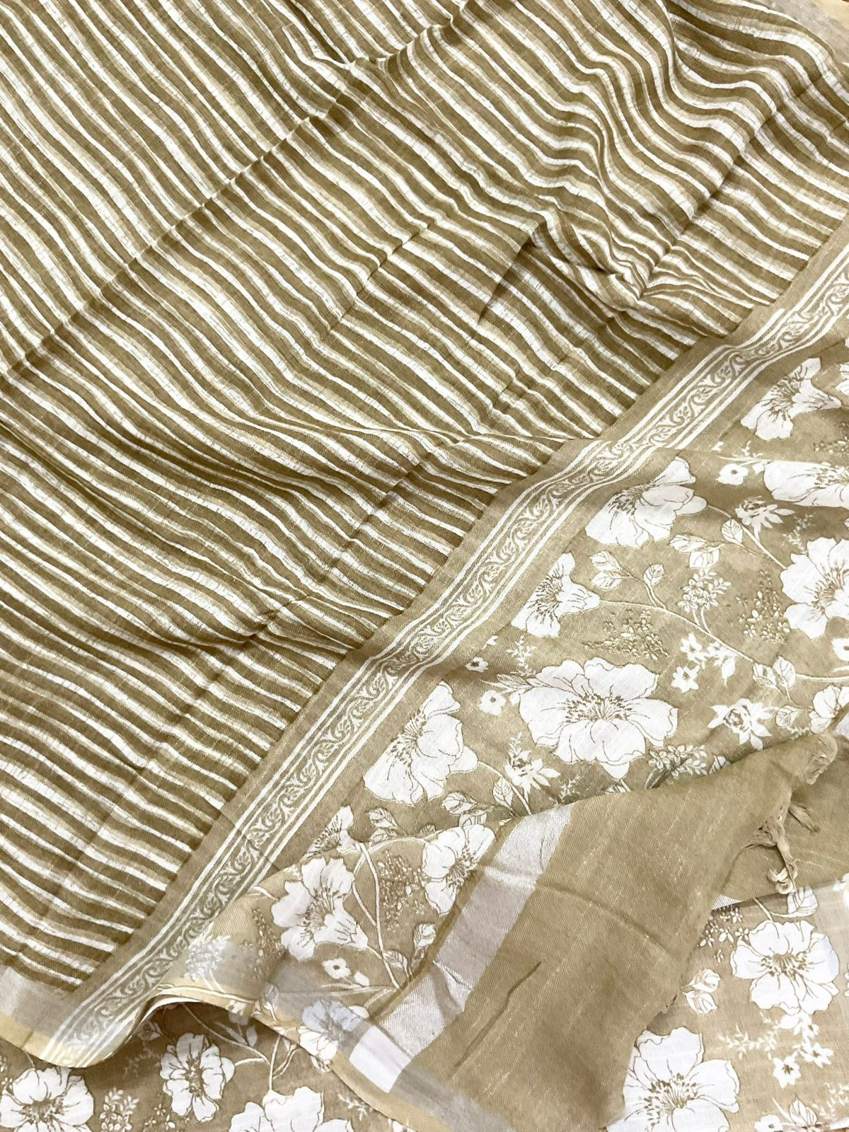 Pure Linen Jute Cotton Silk Printed Suit - Beige