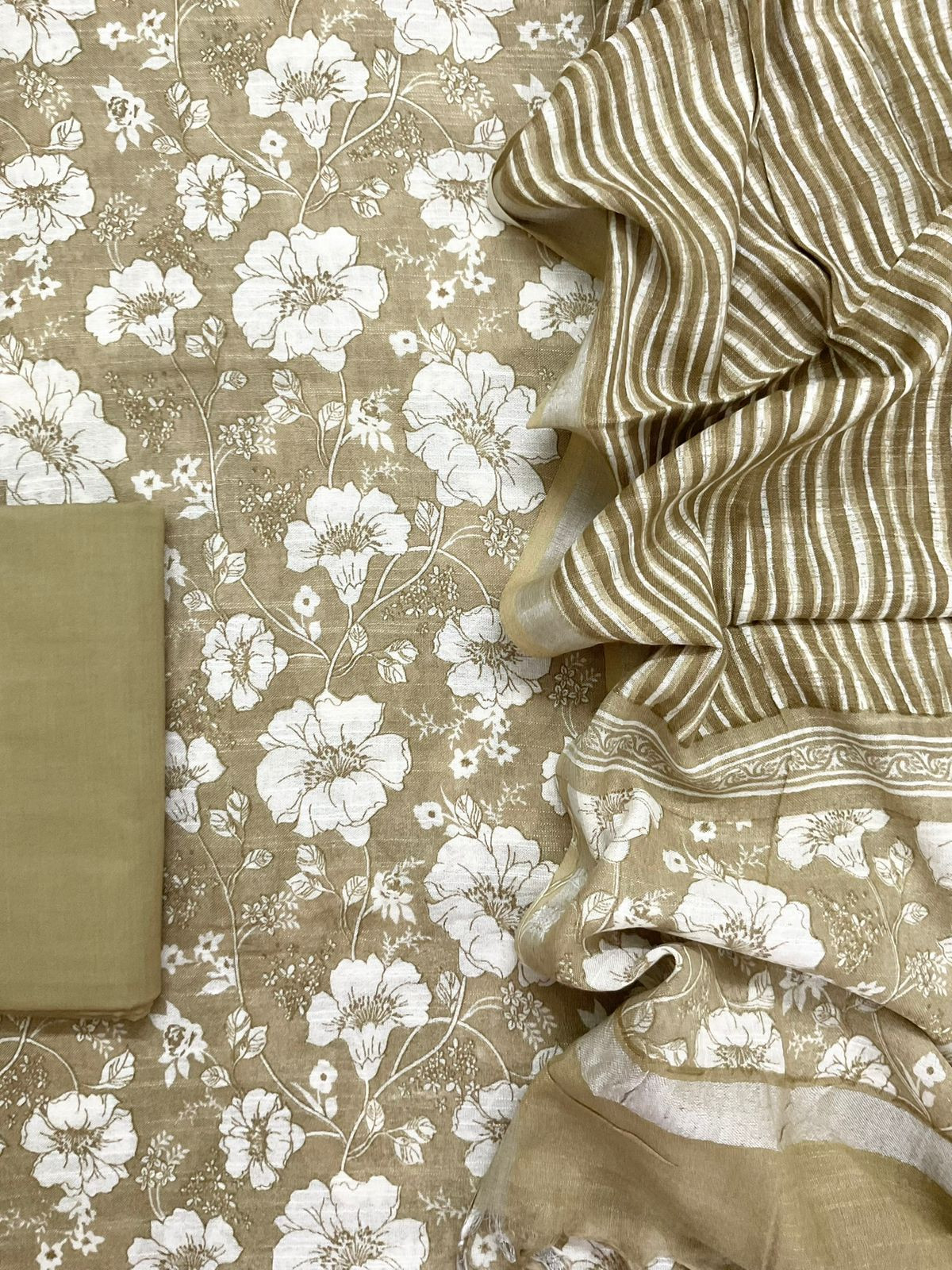 Pure Linen Jute Cotton Silk Printed Suit - Beige